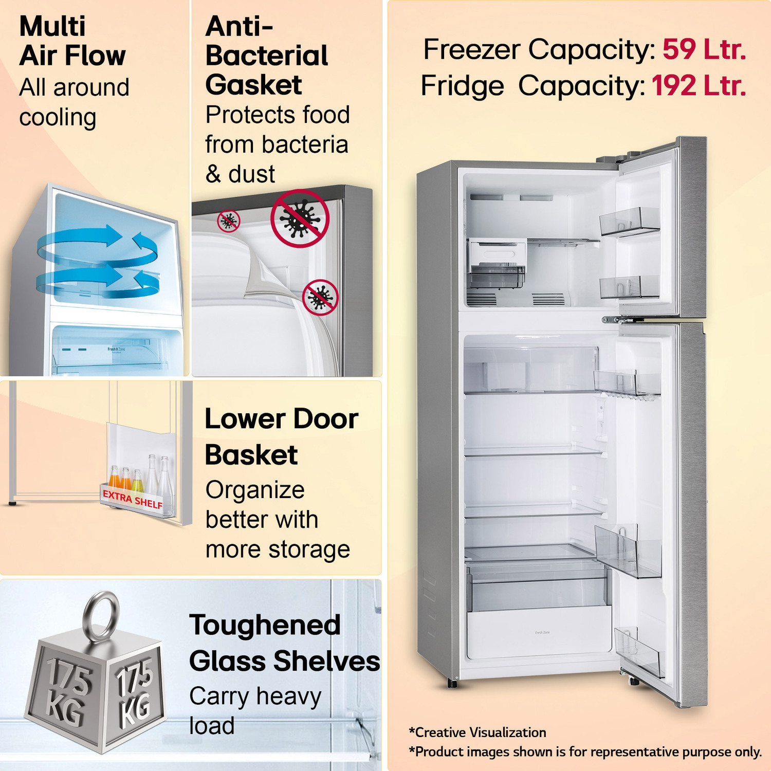Image of LG 251 L Frost Free Double Door 1 Star Refrigerator with Smart Mode, Multi Air Flow Cooling, Works Without Stabilizer, Inverter Compressor, Fresh Zone & 2026 Model