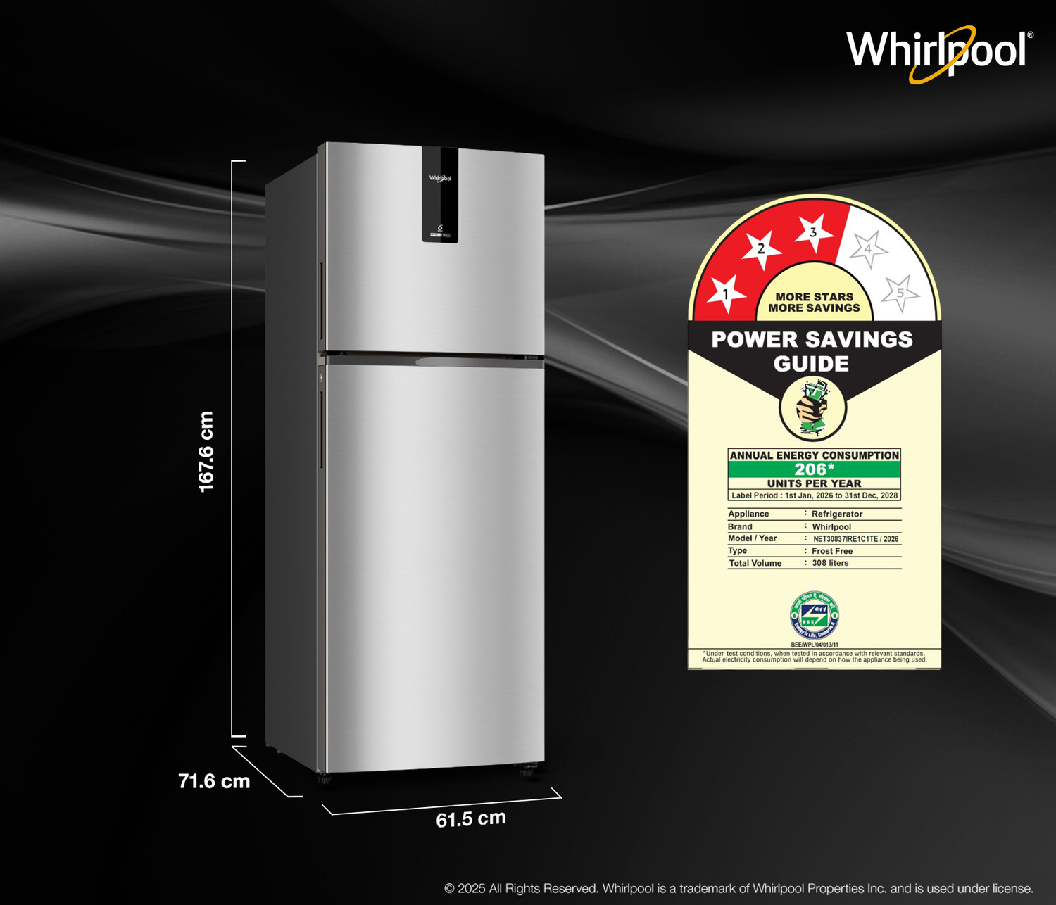 Image of Whirlpool 308 L Frost Free Double Door 3 Star Refrigerator