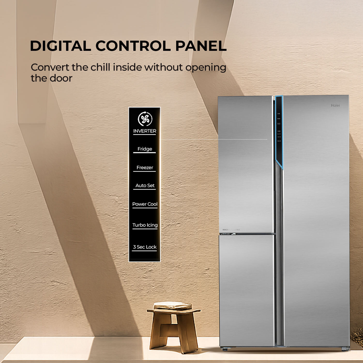 Image of Haier 598 L Frost Free Side by Side 3 Star Refrigerator with Expert Inverter Smart Sense AI enabled 3-Door , 3 Star, (683ISU1, Inox Steel, Magic Convertible Zone, Deo Fresh Technology, 2026 Model)