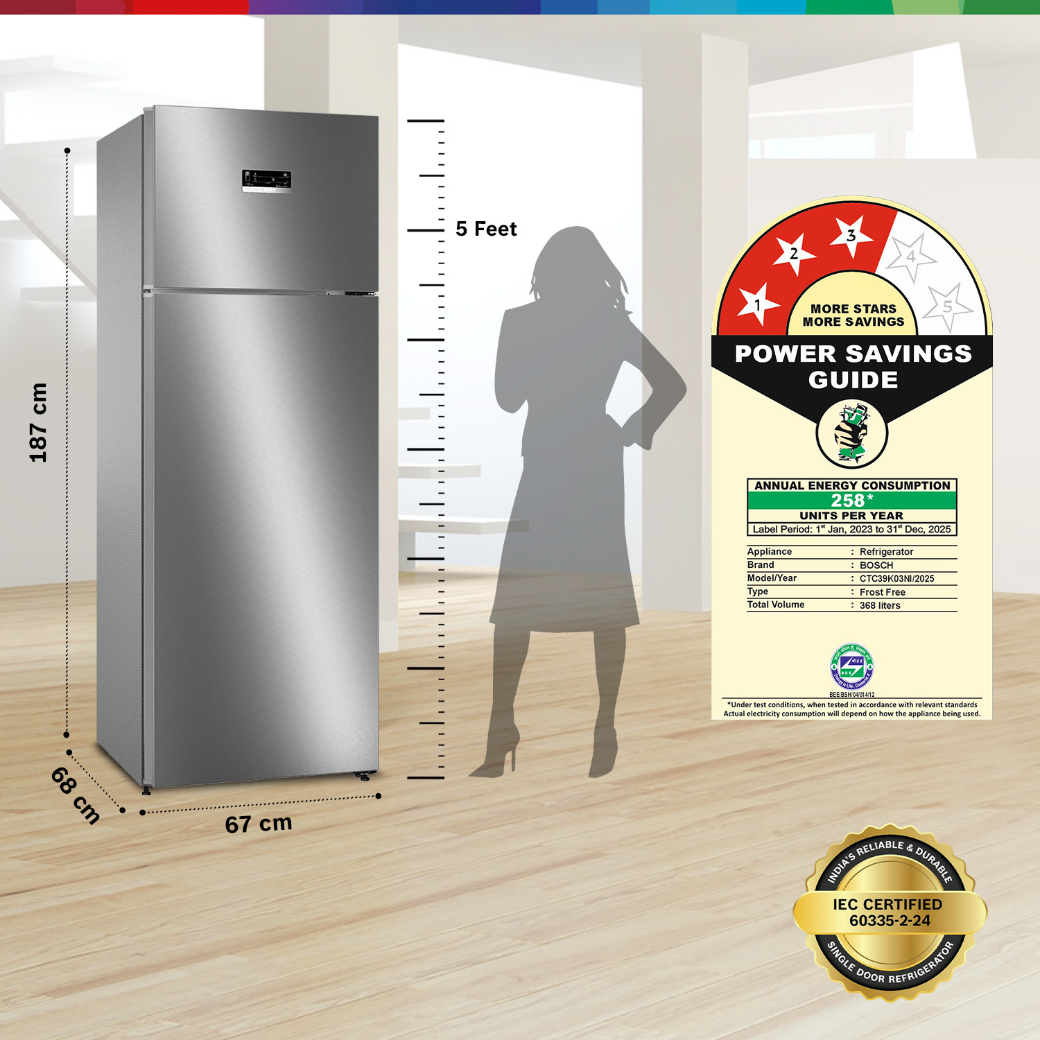 Image of BOSCH 368 L Frost Free Double Door 3 Star Convertible Refrigerator with Large LED Display, Inverter Frost Free , VitaFresh Technology for 10 Day Freshness, Integrated Handle