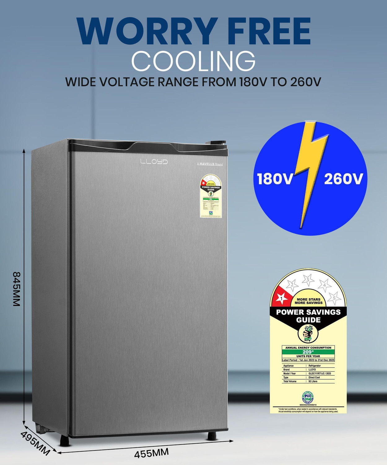 Image of Lloyd by Havells 92 L Direct Cool Single Door 1 Star Refrigerator with Dedicated Freezer Section Big Bottle StorageFull Vegetable Box