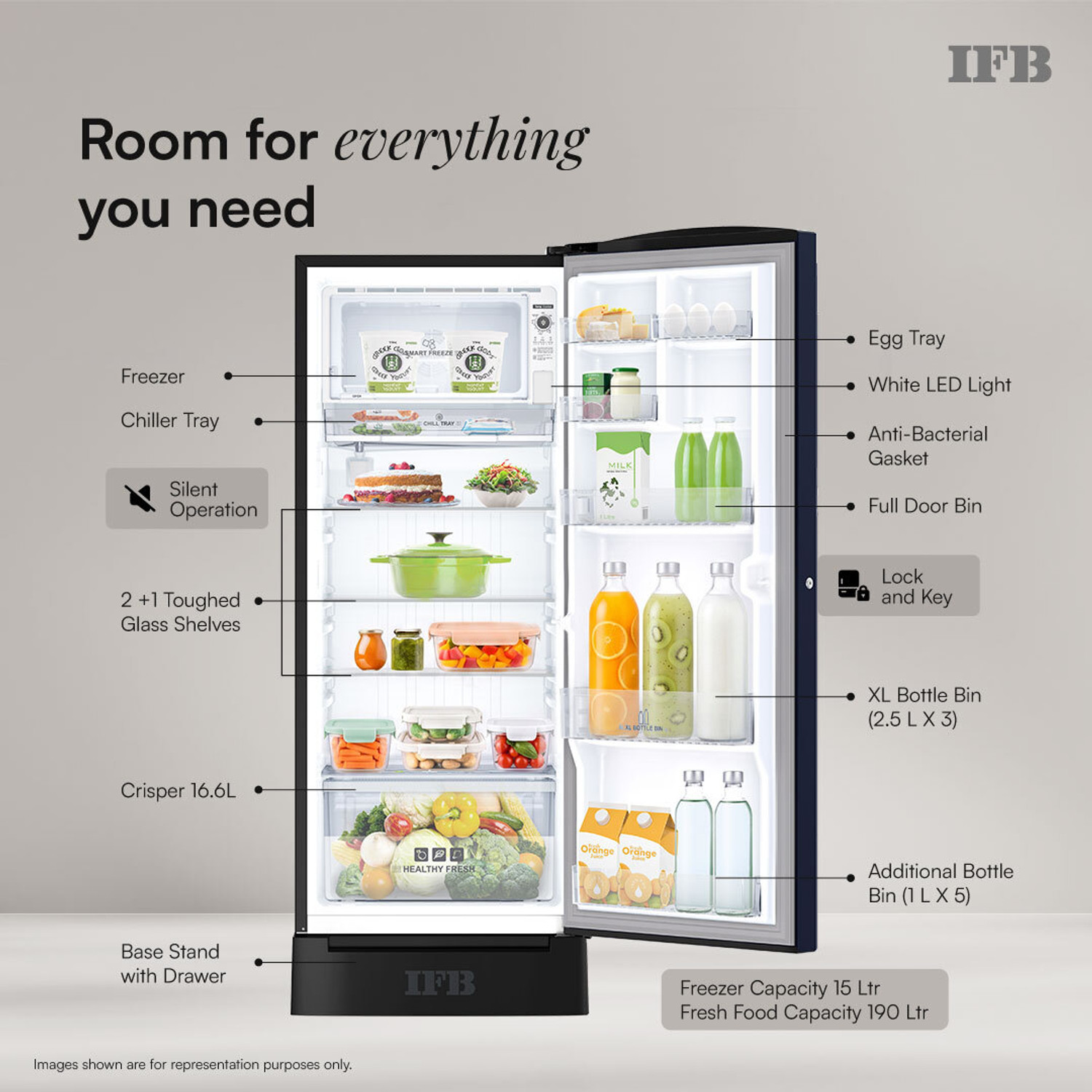 Image of IFB 206 L Direct Cool Single Door 5 Star Refrigerator with Base Drawer with 30 Hrs Cooling Retention, Big Vegetable Box with Humidity Controller (25 Days Fresh), XL Bottle Bin, Advanced Inverter Compressor & 4 Year Super Warranty