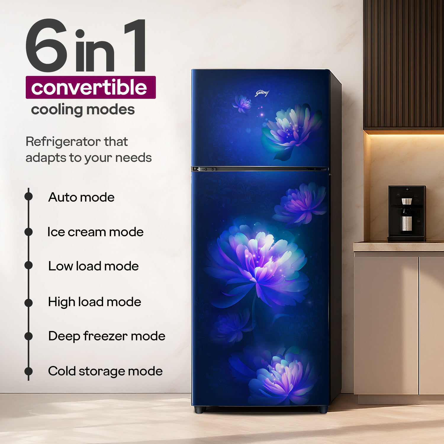 Image of Godrej 244 L Frost Free Double Door 3 Star Refrigerator with AI Powered 6-in-1 Freezer Convertible 30 Days Farm Freshness 95%+ Food Surface Disinfection