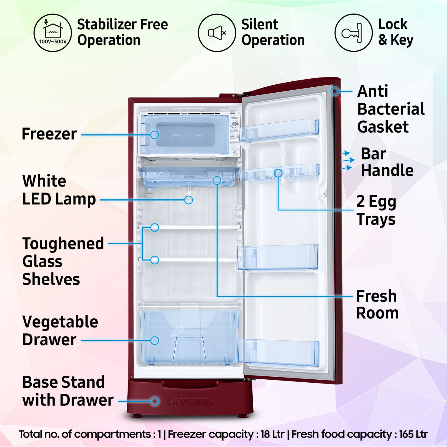Image of Samsung 183 L Direct Cool Single Door 5 Star Refrigerator with Base Drawer with Digital Inverter