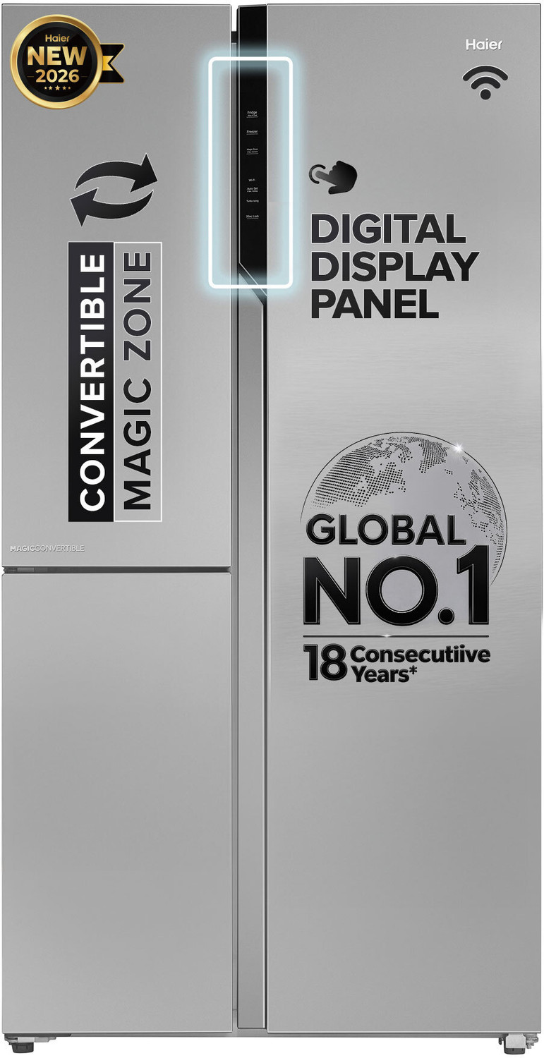Image of Haier 598 L Frost Free Side by Side 3 Star Refrigerator with Expert Inverter Smart Sense AI enabled 3-Door , 3 Star, (683ISU1, Inox Steel, Magic Convertible Zone, Deo Fresh Technology, 2026 Model)