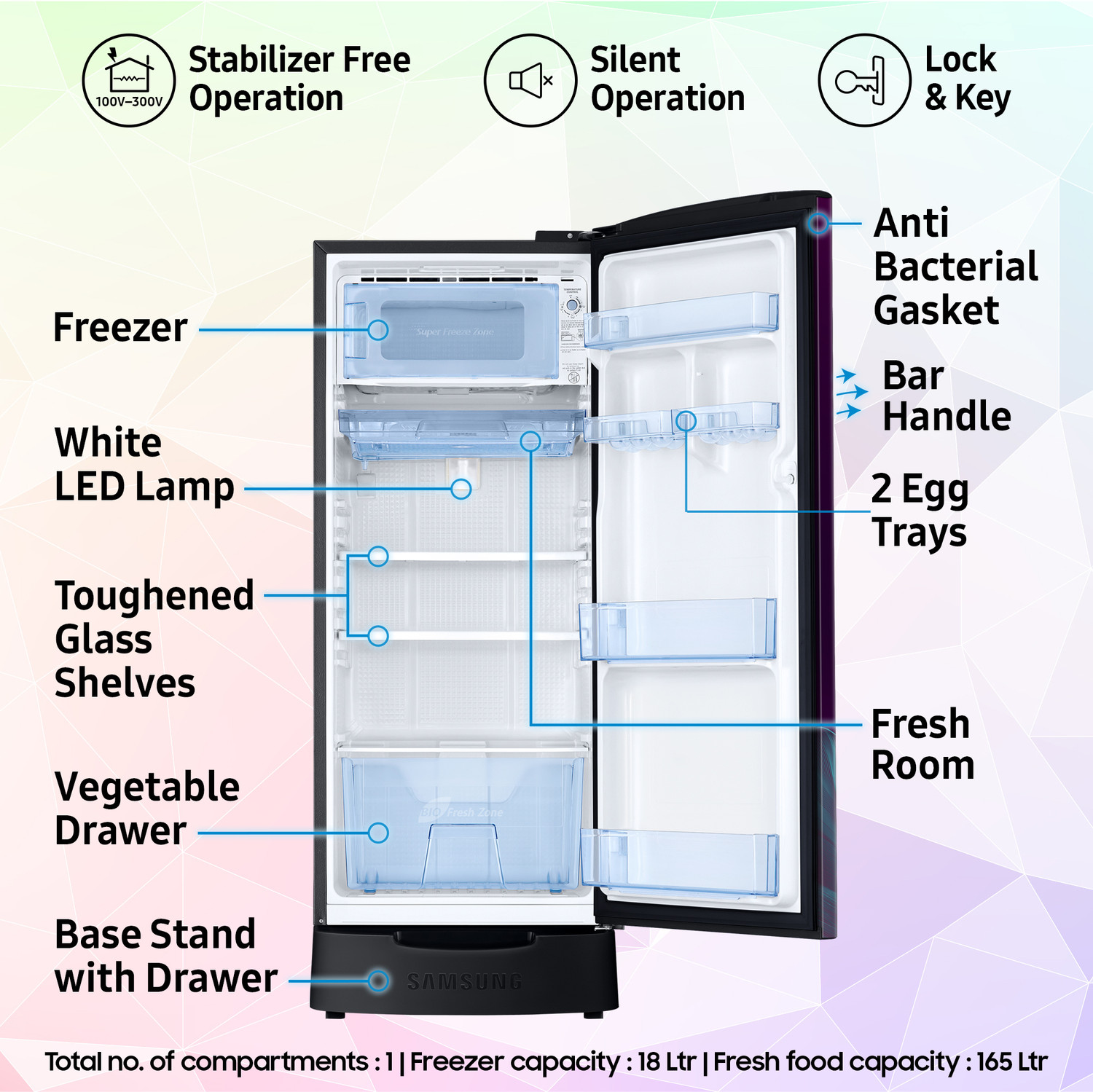 Image of Samsung 183 L Direct Cool Single Door 4 Star Refrigerator with Base Drawer with Digital Inverter, Single Touch Defrost, 2026 Model