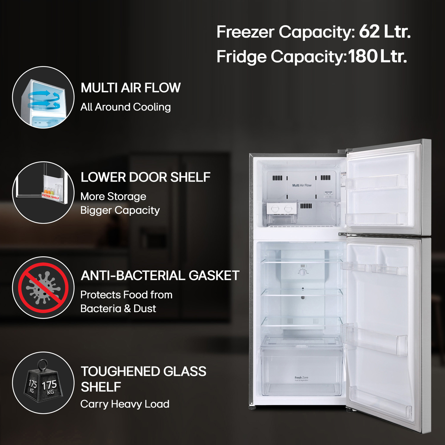 Image of LG 242 L Frost Free Double Door 2 Star Refrigerator with Smart Inverter Compressor, Multi Air Flow, & MOIST N FRESH
