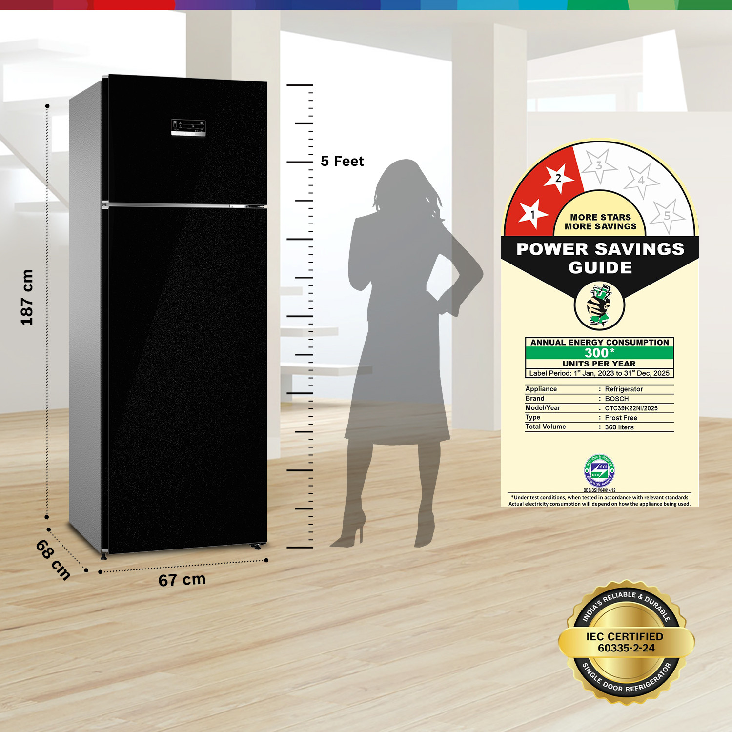 Image of BOSCH 368 L Frost Free Double Door 2 Star Convertible Refrigerator with Large LED Display, Inverter Frost Free , Integrated Handle, VitaFresh Technology for 10 Day Freshness, Integrated Handle