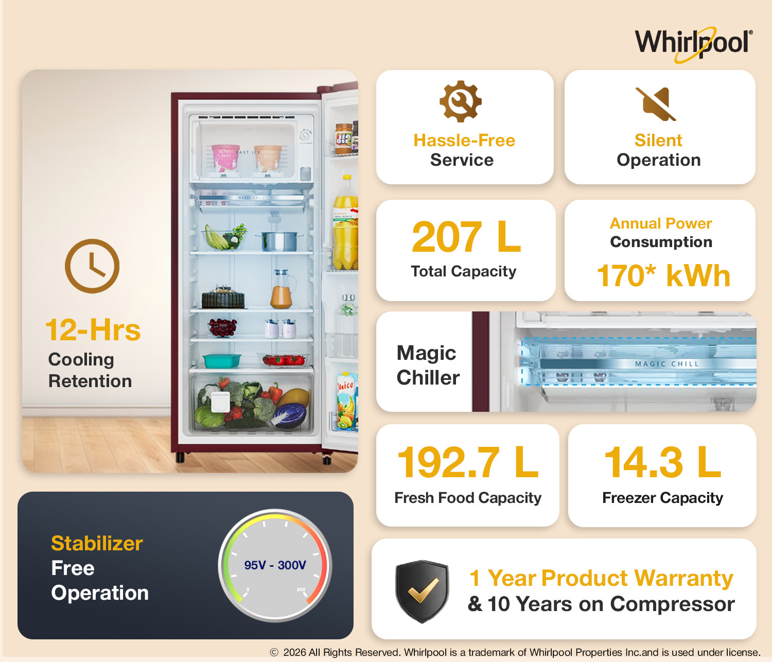 Image of Whirlpool 207 L Direct Cool Single Door 3 Star Refrigerator with IntelliSense Inverter Technology, (2026 Model)