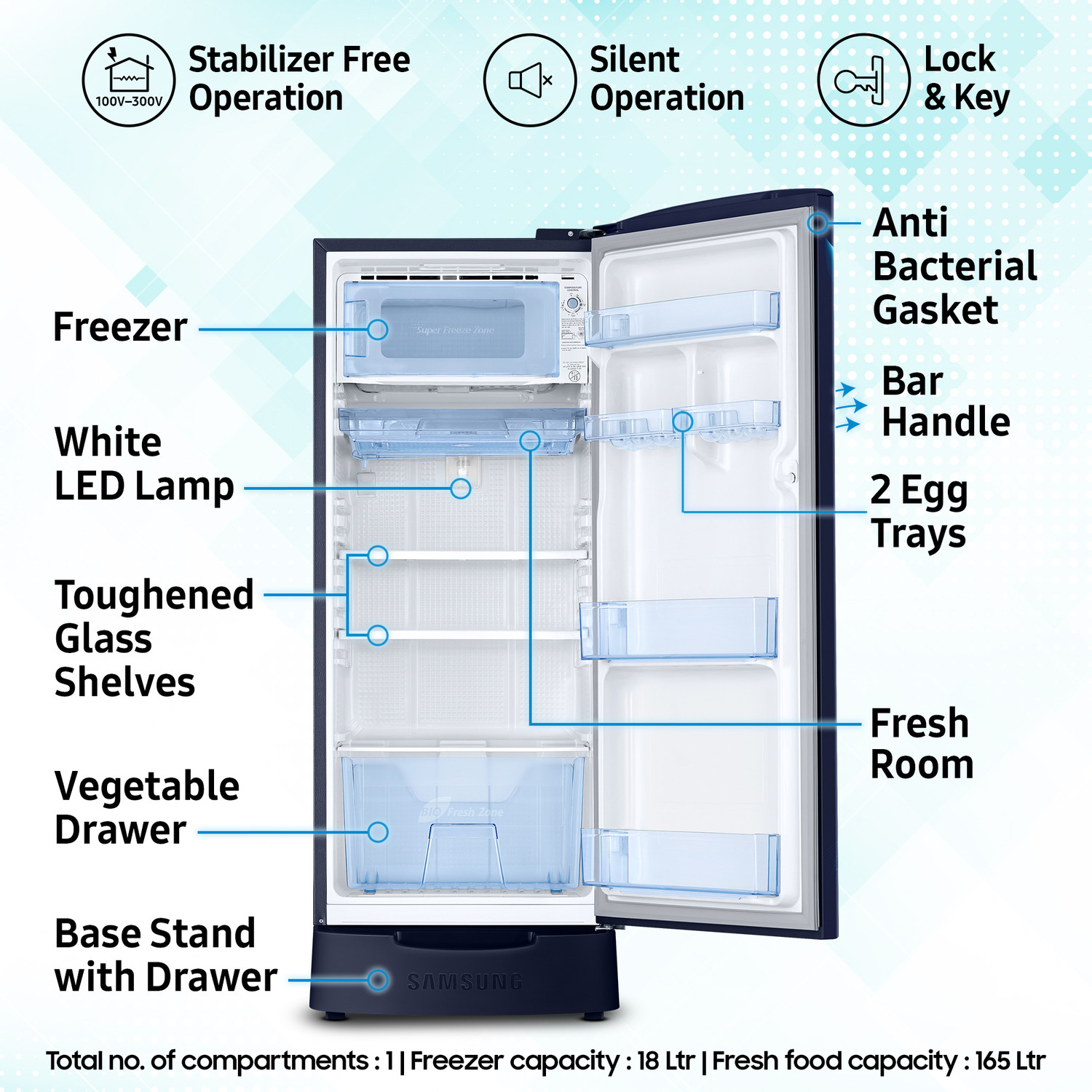 Image of Samsung 183 L Direct Cool Single Door 5 Star Refrigerator with Base Drawer with Digital Inverter