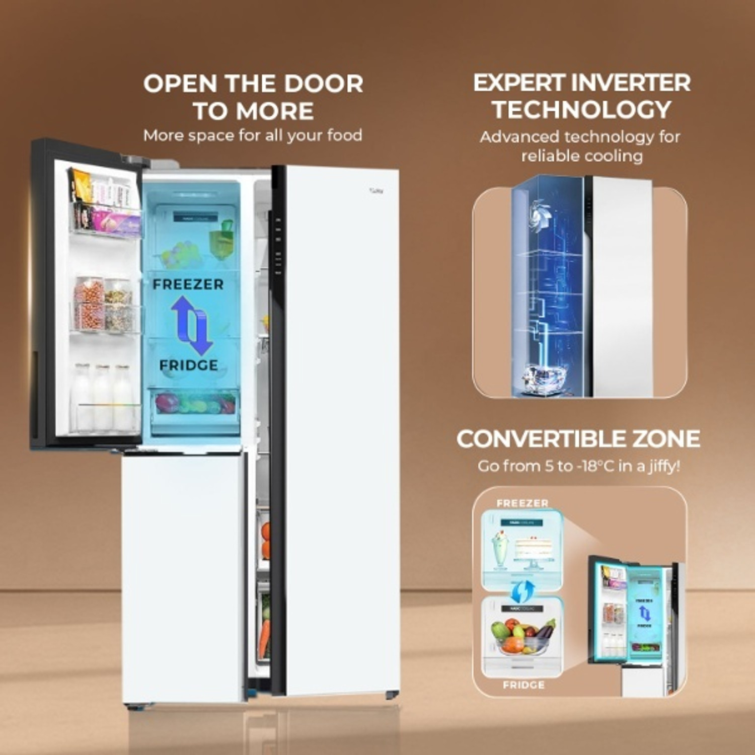 Image of Haier 598 L Frost Free Side by Side 3 Star Convertible Refrigerator with Expert Inverter Smart Sense AI enabled 3-Door , 3 Star, ( Magic Convertible Zone, Premium Vogue Glass, 2026 Model)