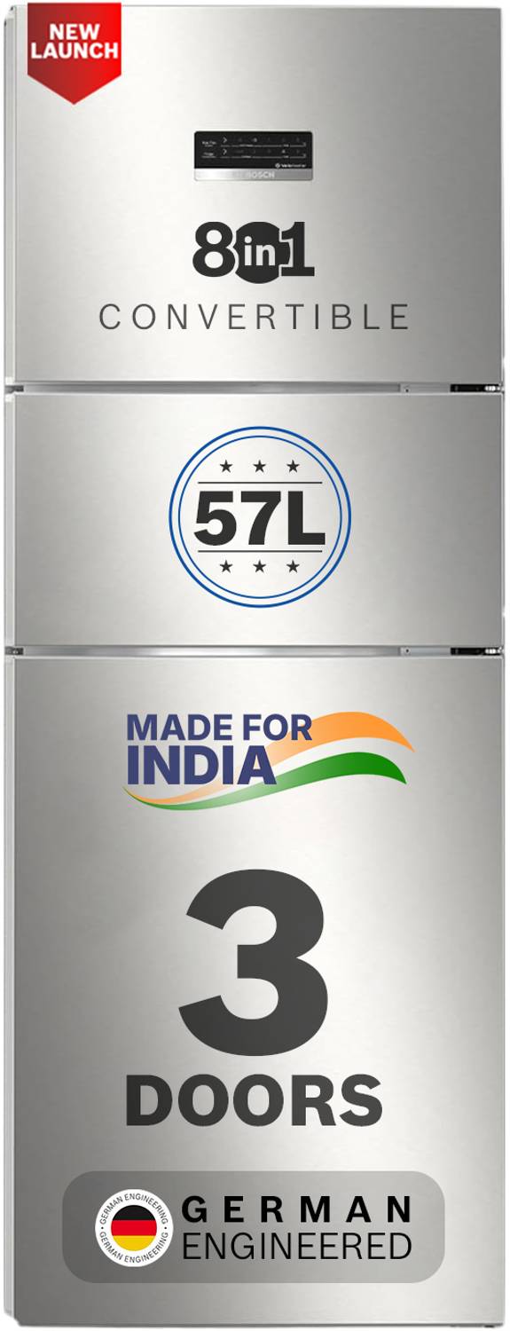 BOSCH 302 L Frost Free Triple Door 3 Star Refrigerator with Large LED Display, 18 Hrs Cooling Retention,Adaptive Intelligence, VitaFresh 10 Day Fresh Technology