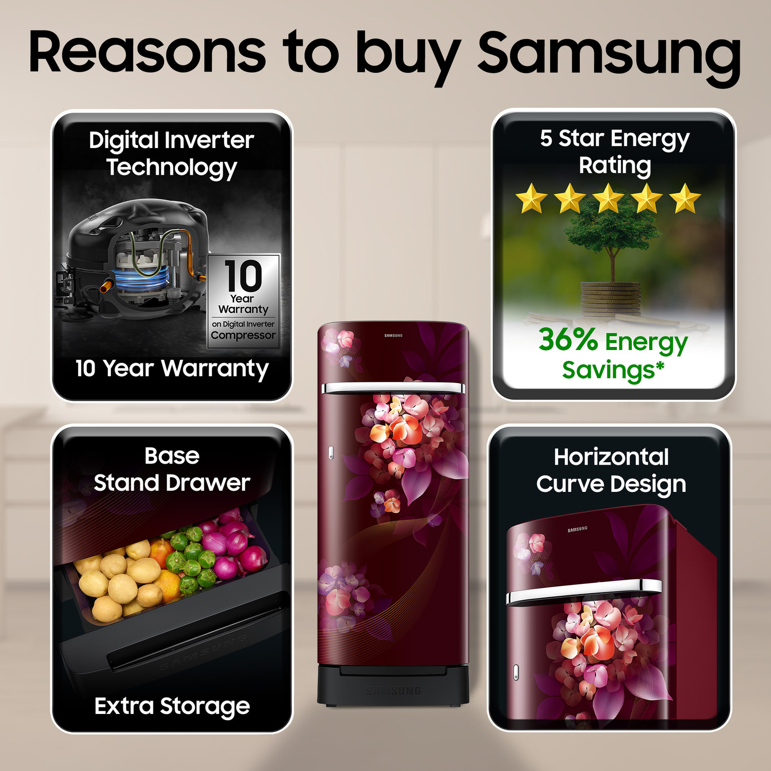 Image of Samsung 215 L Direct Cool Single Door 5 Star Refrigerator with Base Drawer with Digital Inverter, Single Touch Defrost, 2026 Model