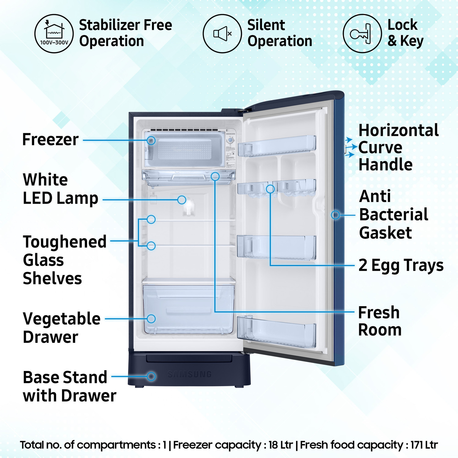 Image of Samsung 189 L Direct Cool Single Door 5 Star Refrigerator with Base Drawer with Digital Inverter, Single Touch Defrost, 2026 Model
