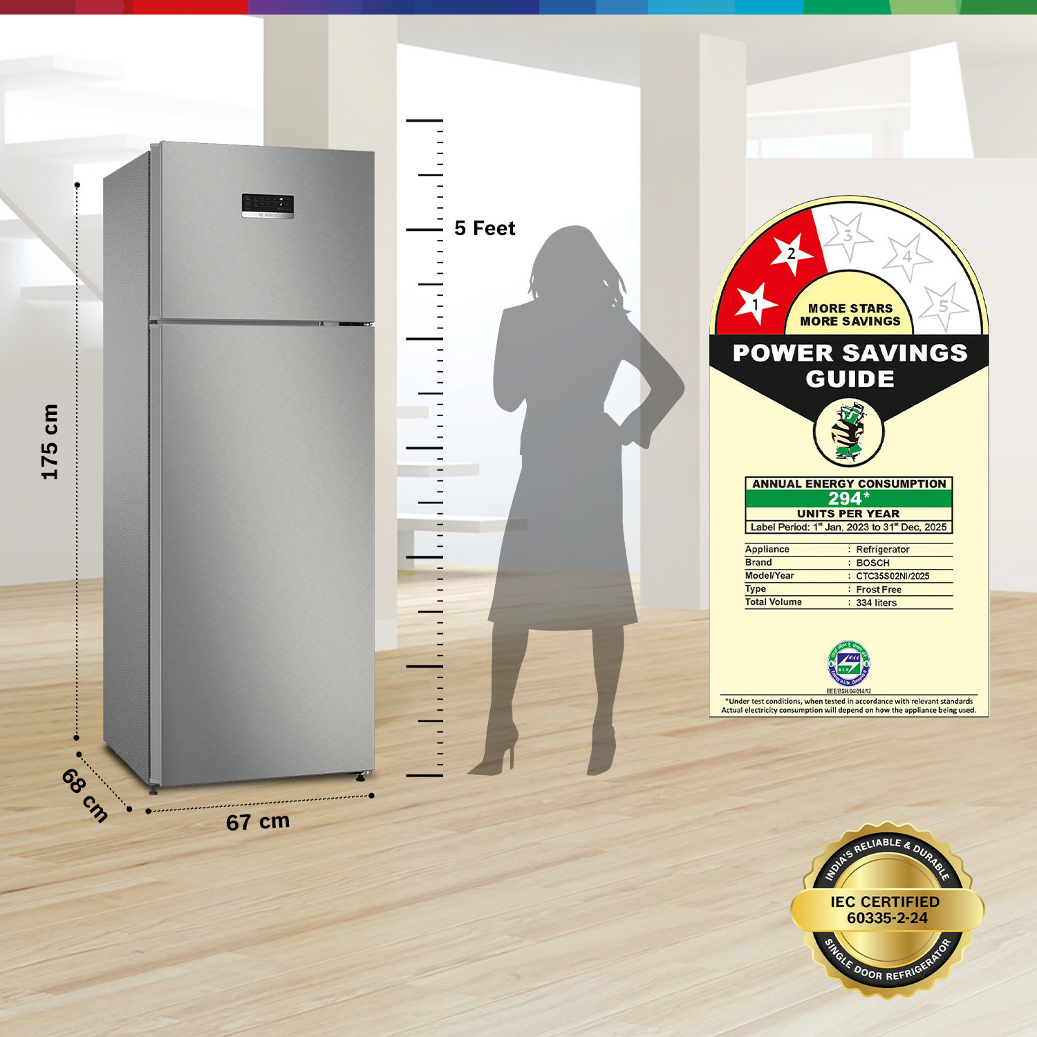 Image of BOSCH 334 L Frost Free Double Door 2 Star Convertible Refrigerator with Large LED Display, Inverter , VitaFresh Technology for 10 Day Freshness, Integrated Handle