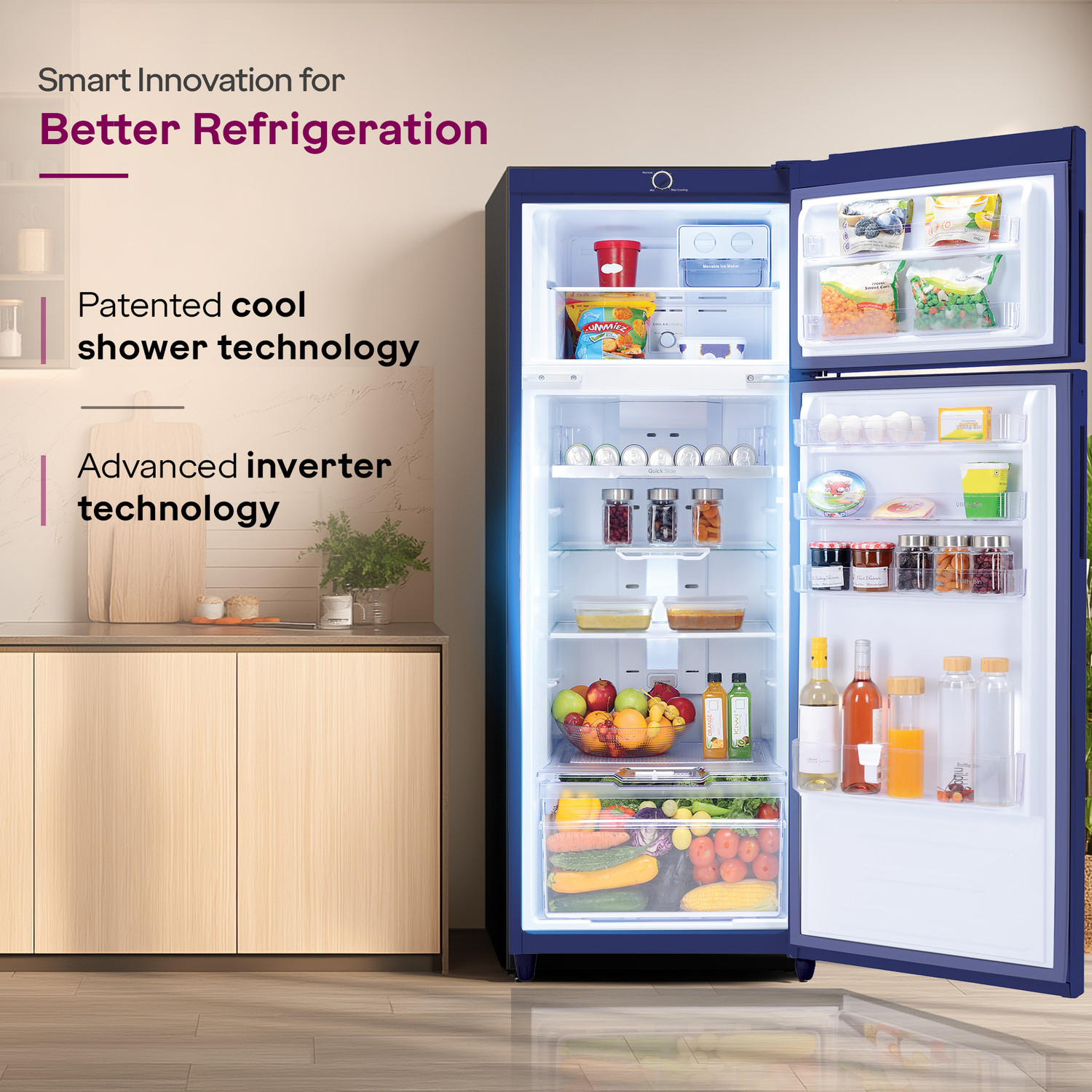 Image of Godrej 244 L Frost Free Double Door 3 Star Refrigerator with AI Powered 6-in-1 Freezer Convertible 30 Days Farm Freshness 95%+ Food Surface Disinfection
