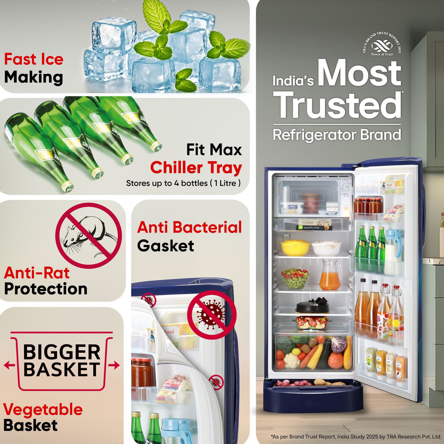 Image of LG 224 L Direct Cool Single Door 5 Star Refrigerator with Base Drawer with Smart Inverter Compressor, Moist 'N' Fresh, Fast Ice Making