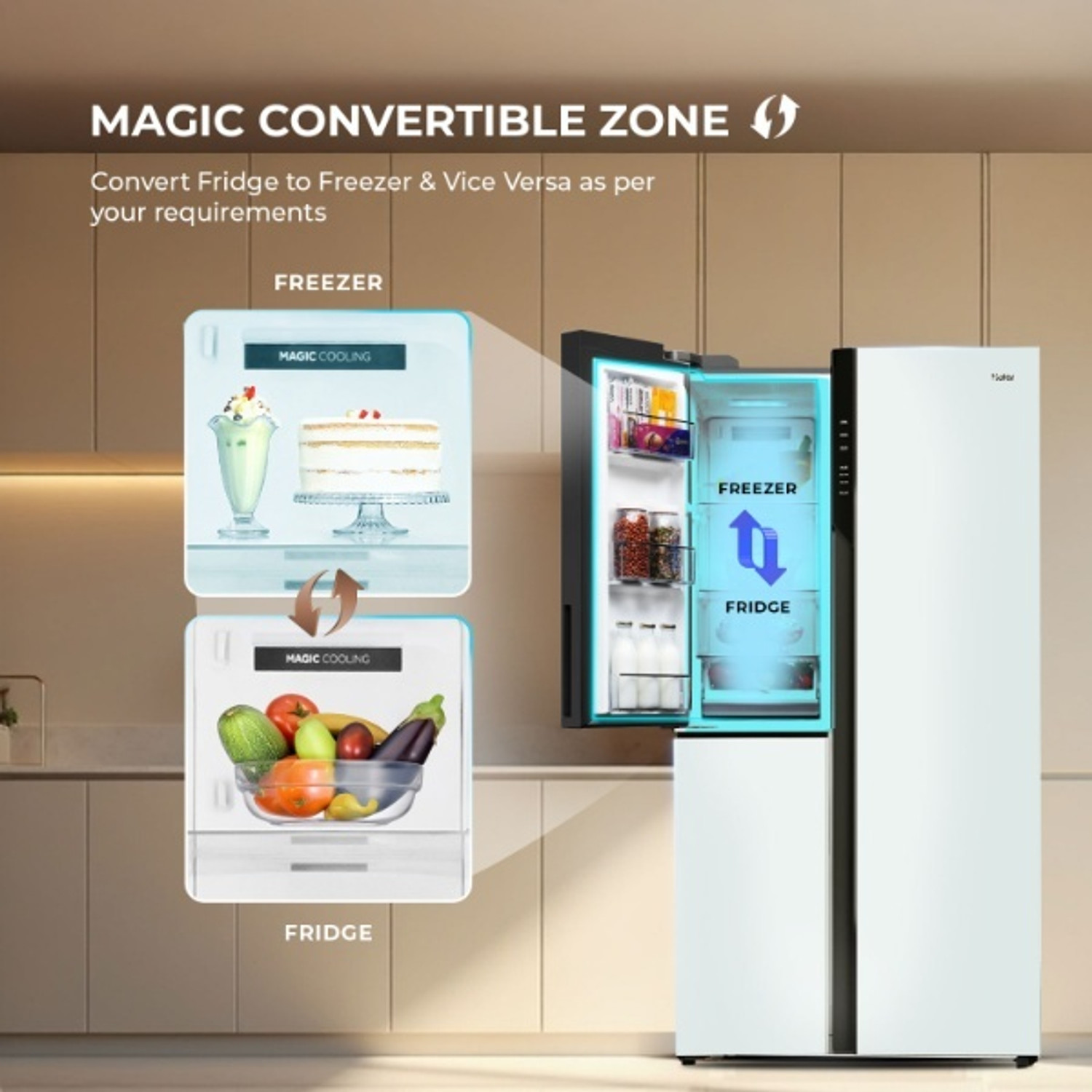 Image of Haier 598 L Frost Free Side by Side 3 Star Convertible Refrigerator with Expert Inverter Smart Sense AI enabled 3-Door , 3 Star, ( Magic Convertible Zone, Premium Vogue Glass, 2026 Model)