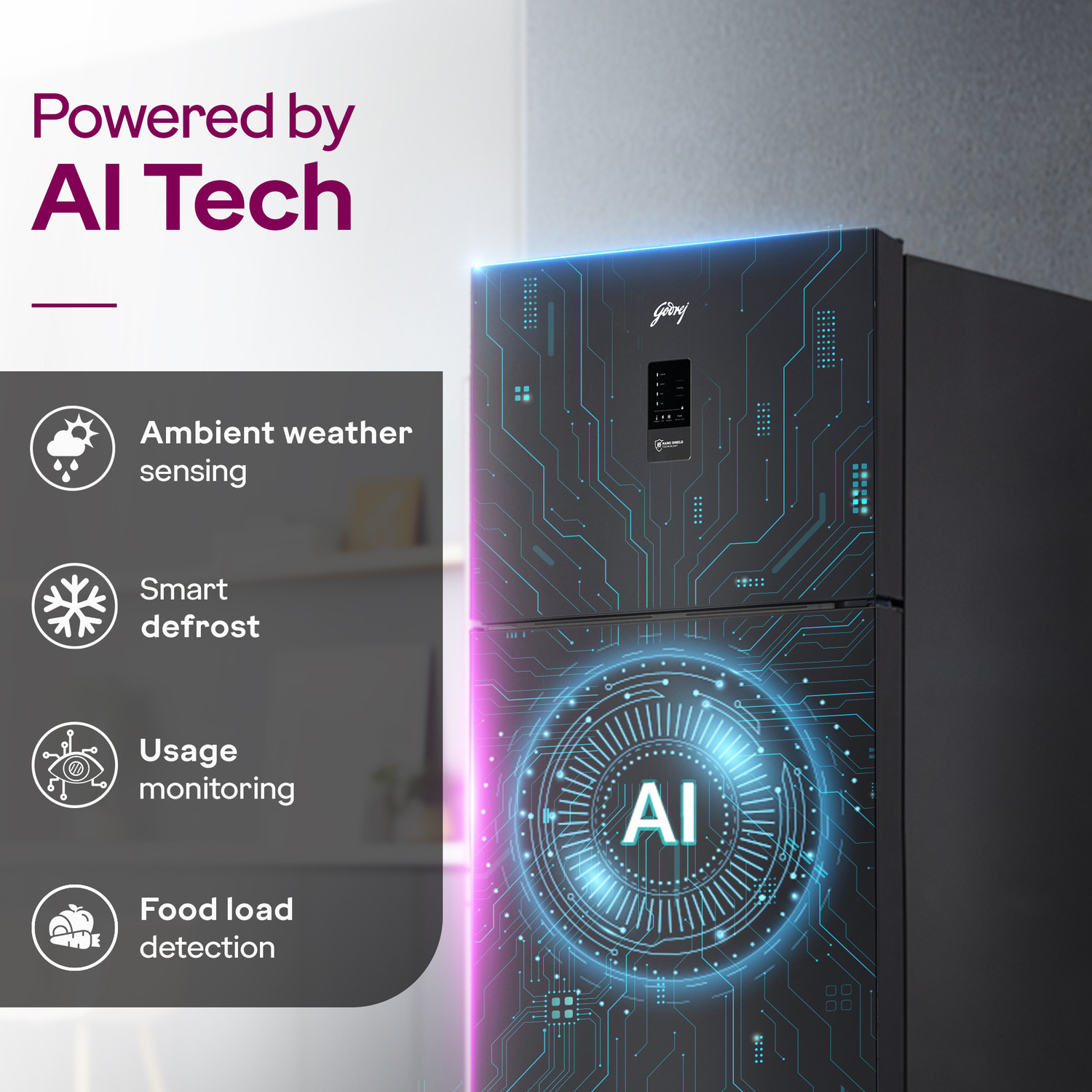 Image of Godrej 415 L Frost Free Double Door 1 Star Refrigerator with AI Powered 6-in-1 Freezer Convertible Advanced Control Panel 95%+ Food Surface Disinfection