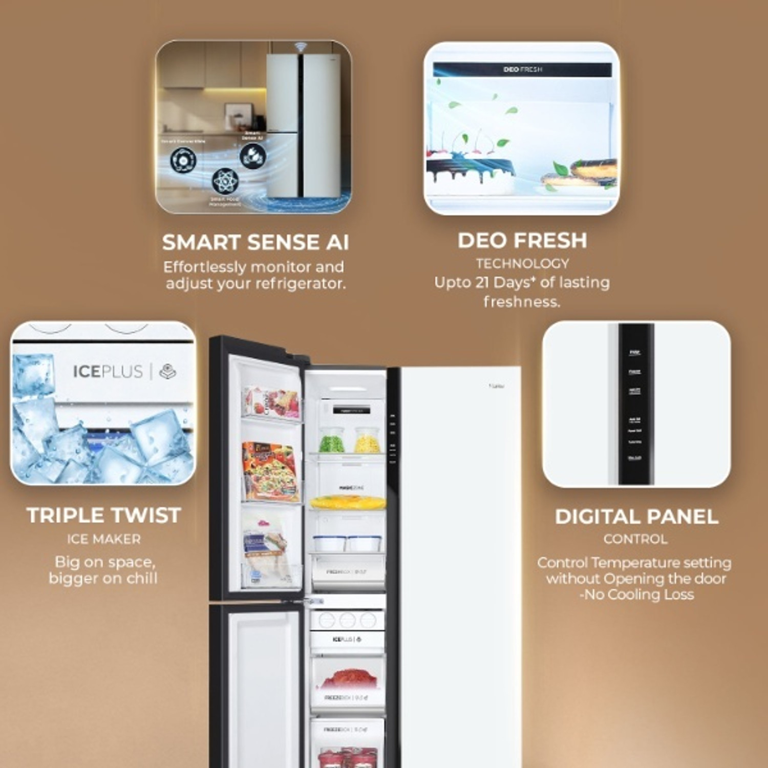 Image of Haier 598 L Frost Free Side by Side 3 Star Convertible Refrigerator with Expert Inverter Smart Sense AI enabled 3-Door , 3 Star, ( Magic Convertible Zone, Premium Vogue Glass, 2026 Model)