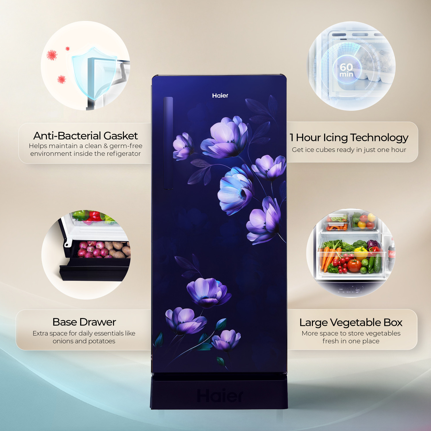 Image of Haier 190 L Direct Cool Single Door 5 Star Refrigerator with Base Drawer with Base Stand Drawer, Fast Ice Making, Easy Clean Back, Large Vegetable Box (2026 Model)