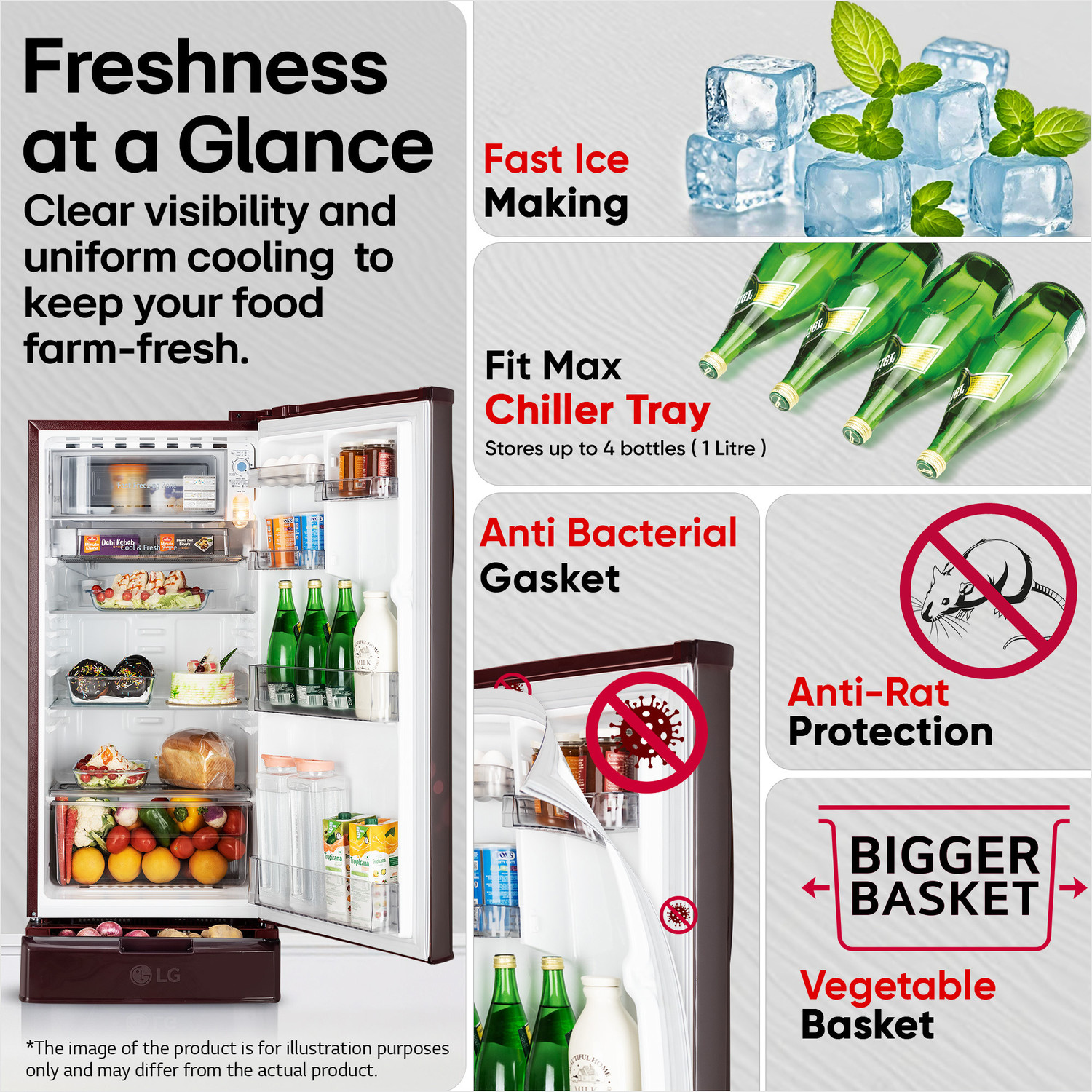 Image of LG 185 L Direct Cool Single Door 4 Star Refrigerator with Base Drawer with Smart Inverter Compressor, Runs on Home Inverter, Fit Max Chiller Tray & 2026 Model