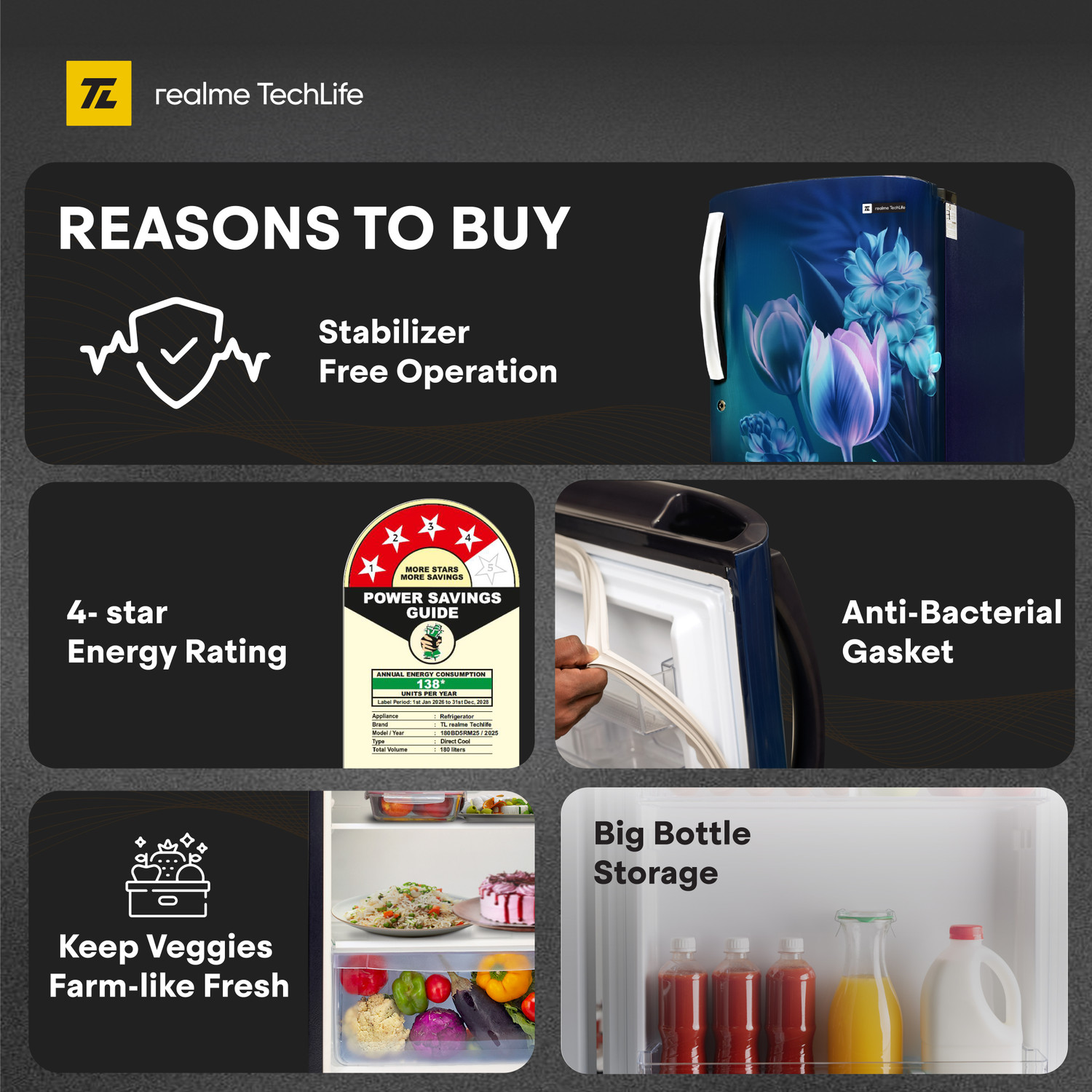 Image of realme TechLife 180 L Direct Cool Single Door 4 Star Refrigerator