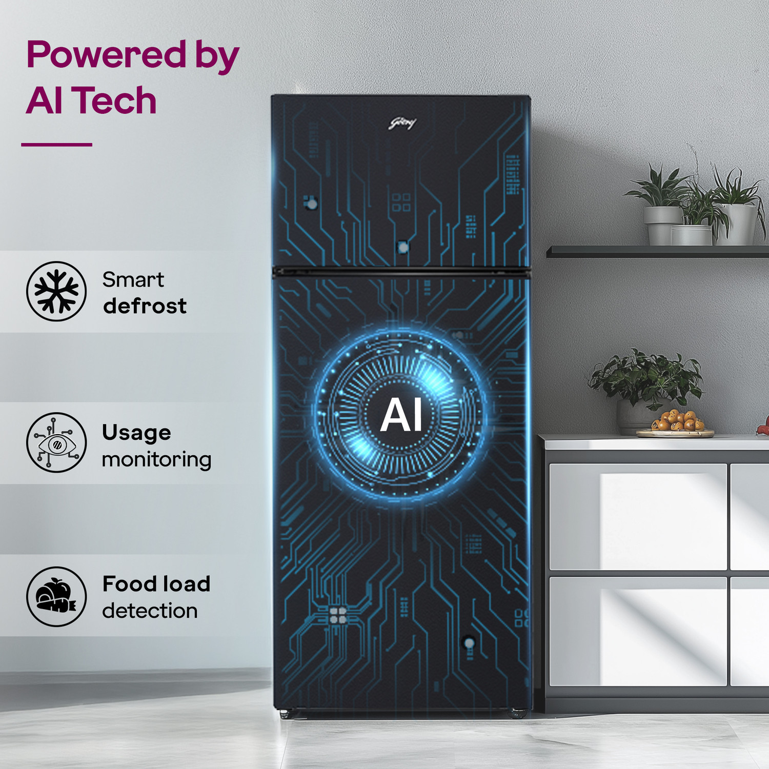 Image of Godrej 308 L Frost Free Double Door 2 Star Refrigerator with AI Powered 4-in-1 Freezer Convertible 30 Days Farm Freshness 95%+ Food Surface Disinfection