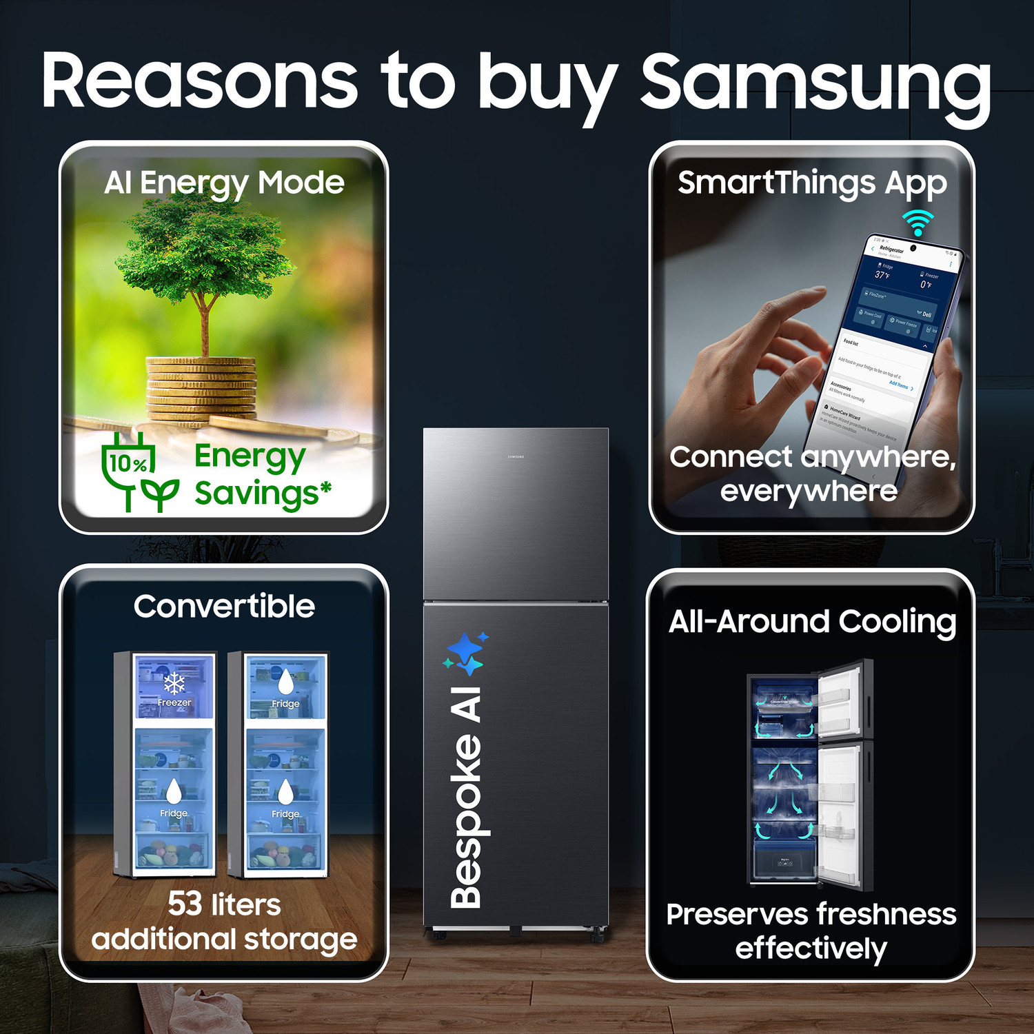 Image of Samsung 236 L Frost Free Double Door 3 Star Convertible Refrigerator with Convertible, Wifi Enabled, Bespoke AI, Digital Inverter, 2026 Model