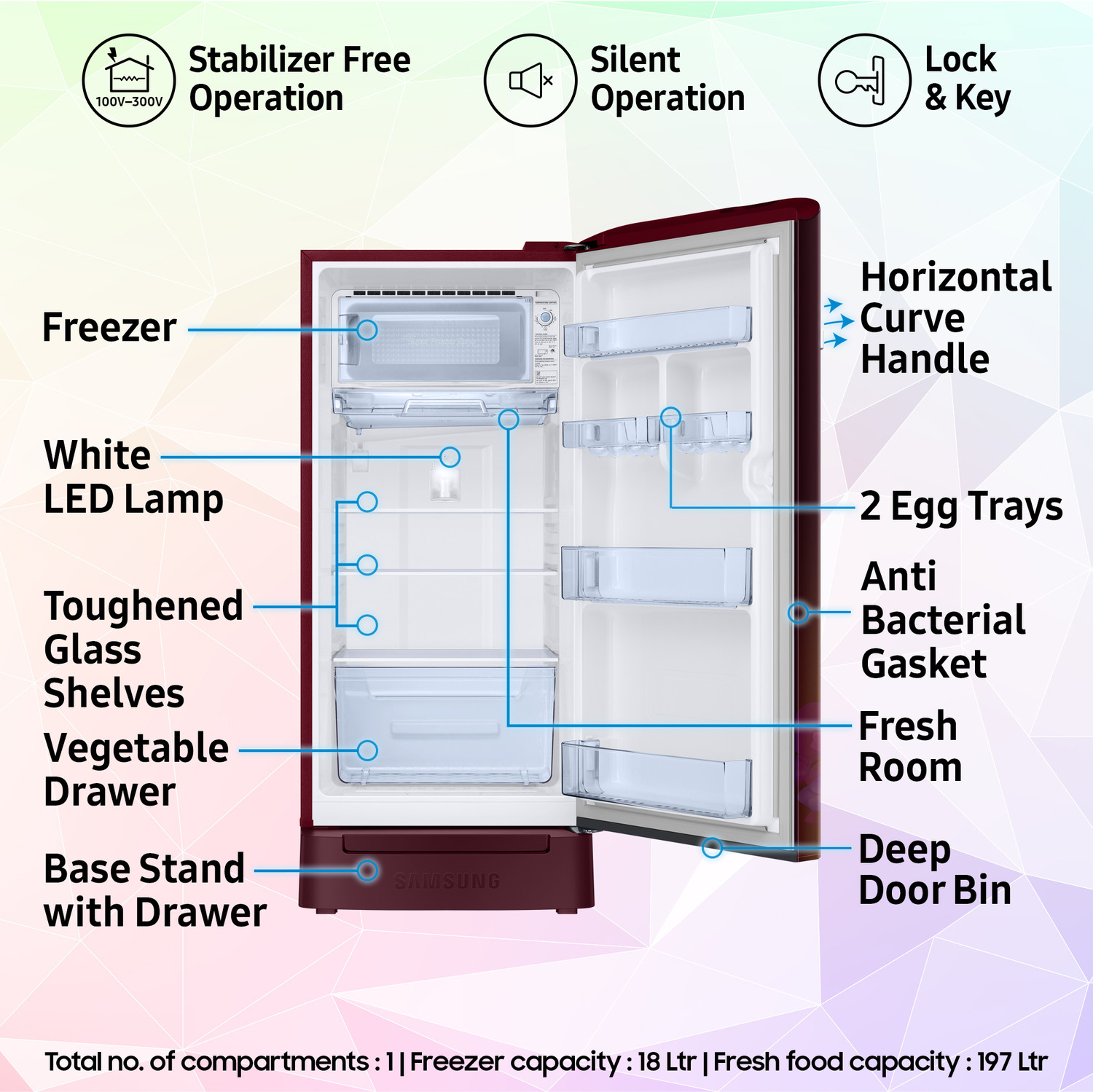 Image of Samsung 215 L Direct Cool Single Door 5 Star Refrigerator with Base Drawer with Digital Inverter, Single Touch Defrost, 2026 Model