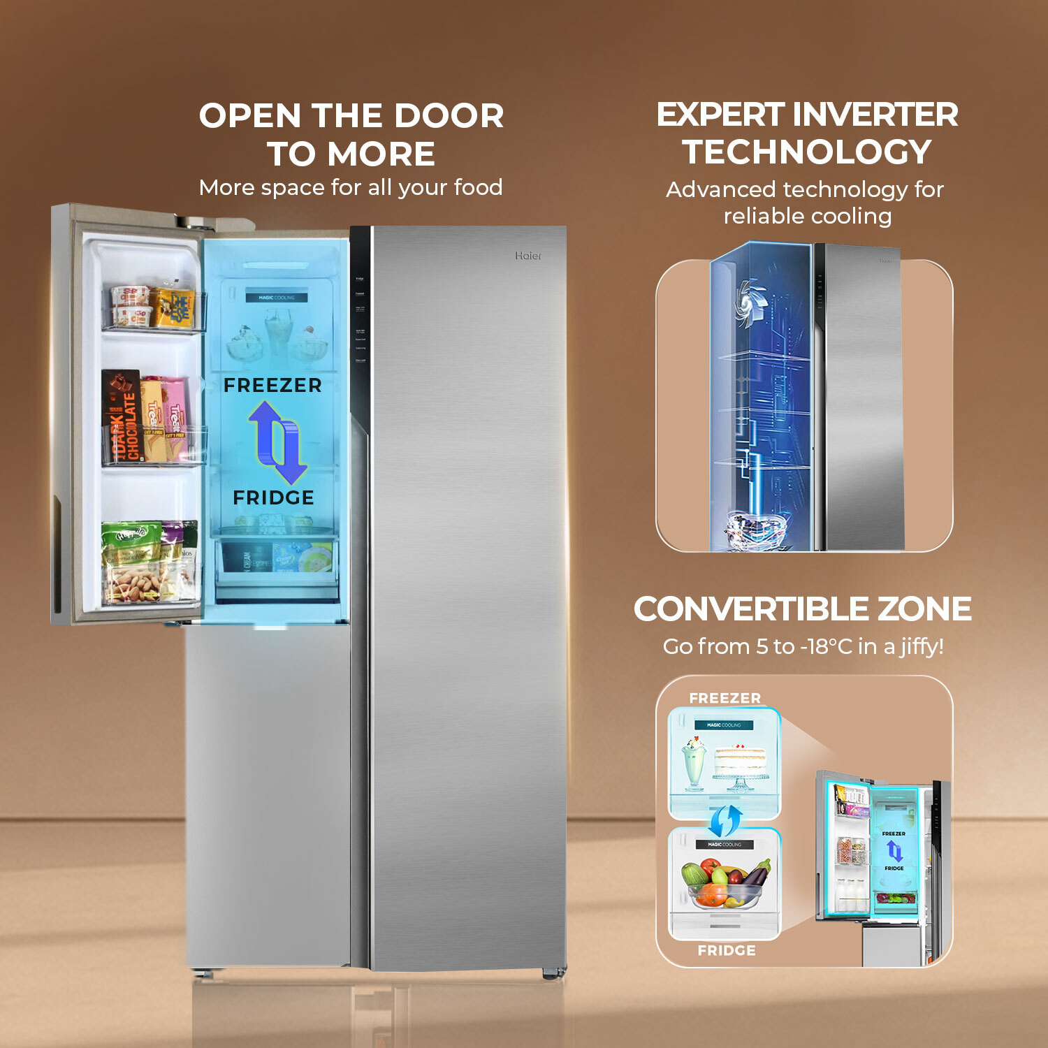 Image of Haier 598 L Frost Free Side by Side 3 Star Refrigerator with Expert Inverter Smart Sense AI enabled 3-Door , 3 Star, (683ISU1, Inox Steel, Magic Convertible Zone, Deo Fresh Technology, 2026 Model)