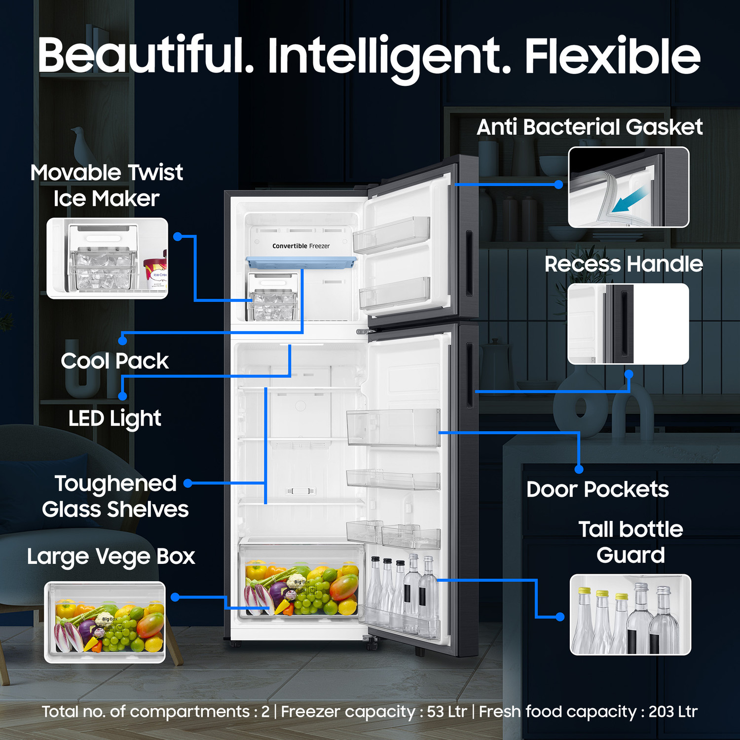 Image of Samsung 256 L Frost Free Double Door 3 Star Refrigerator with Convertible, Digital Inverter, 2026 Model
