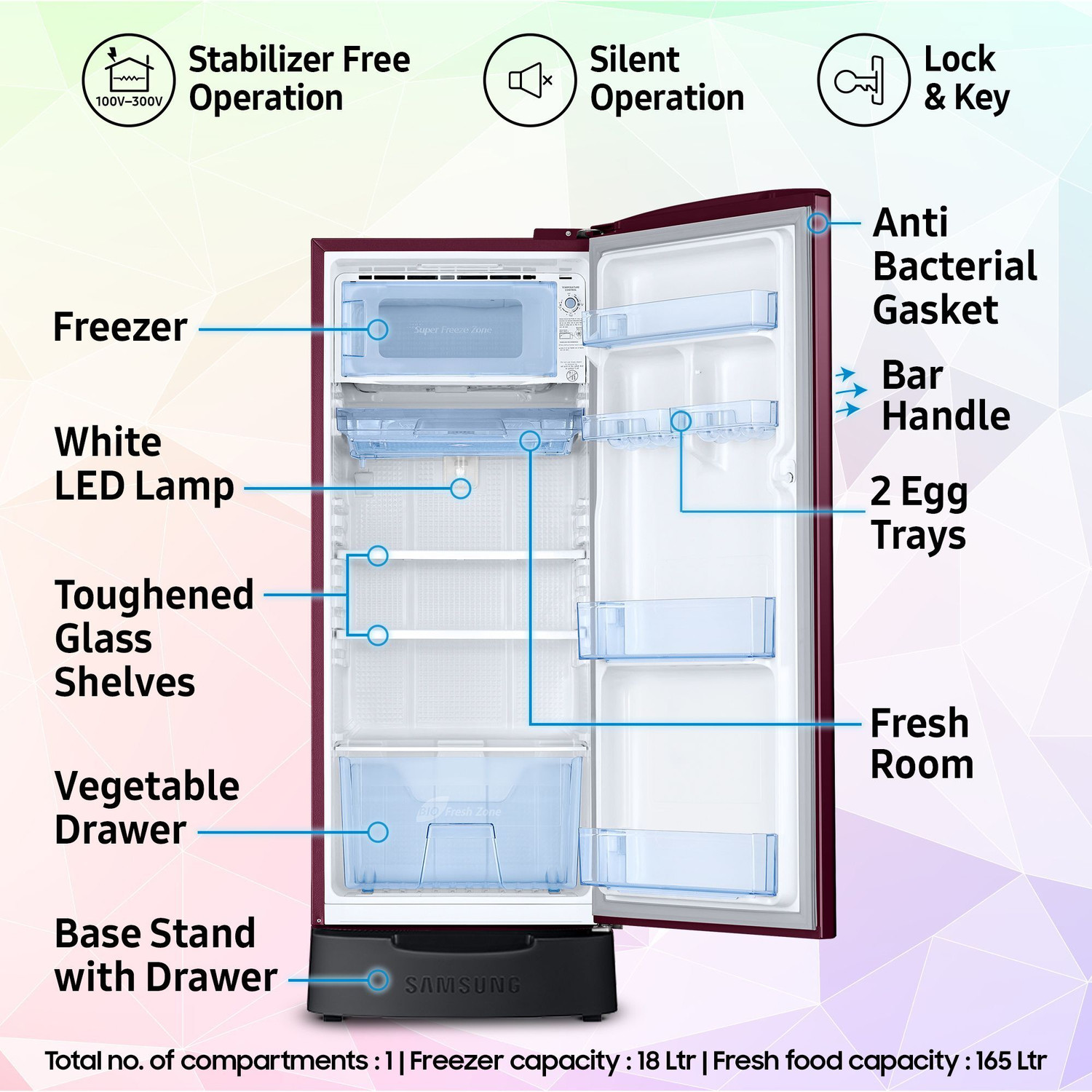 Image of Samsung 183 L Direct Cool Single Door 5 Star Refrigerator with Base Drawer