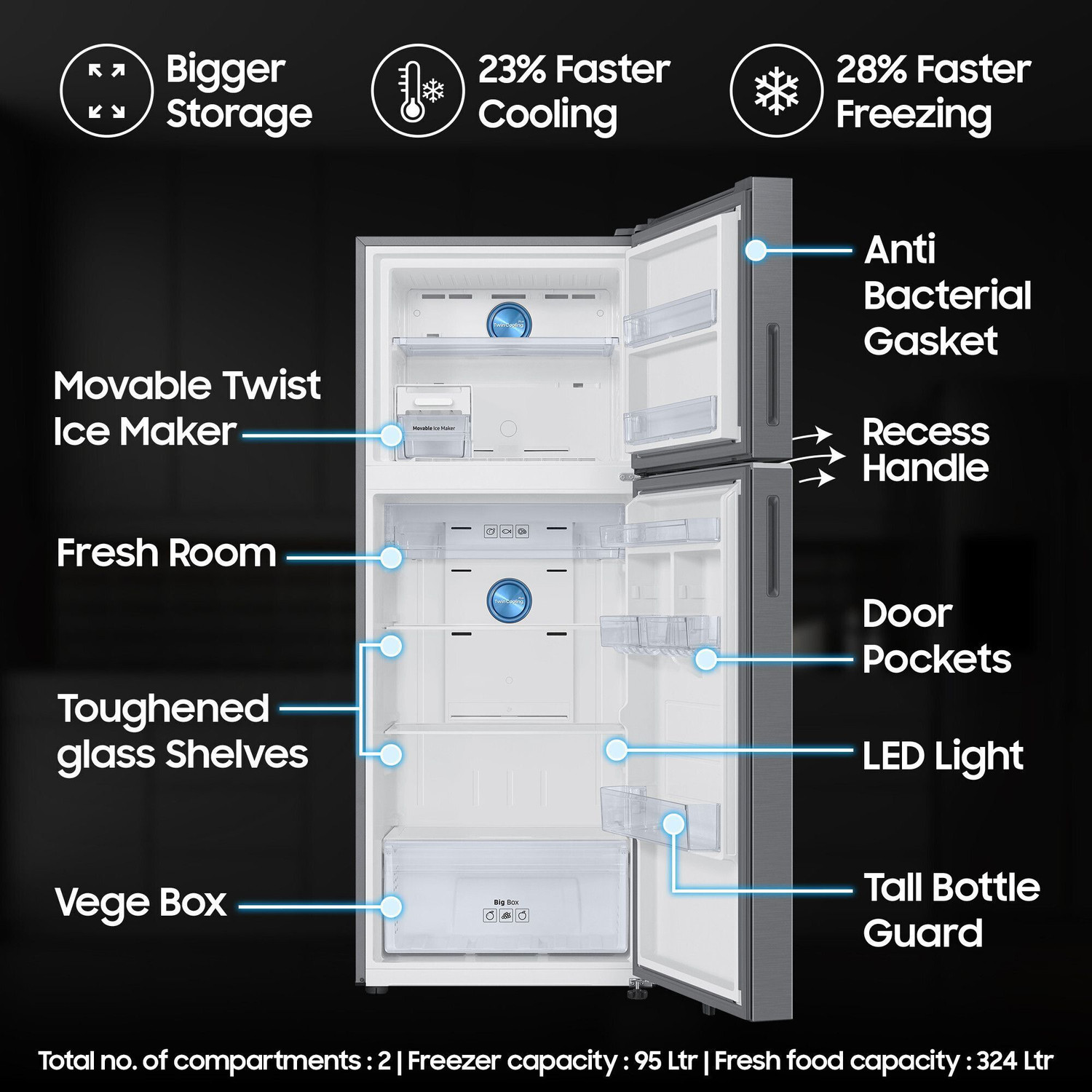 Image of Samsung 419 L Frost Free Double Door 2 Star Convertible Refrigerator with 5-in-1, Digital Inverter, WiFi Enabled Bespoke AI