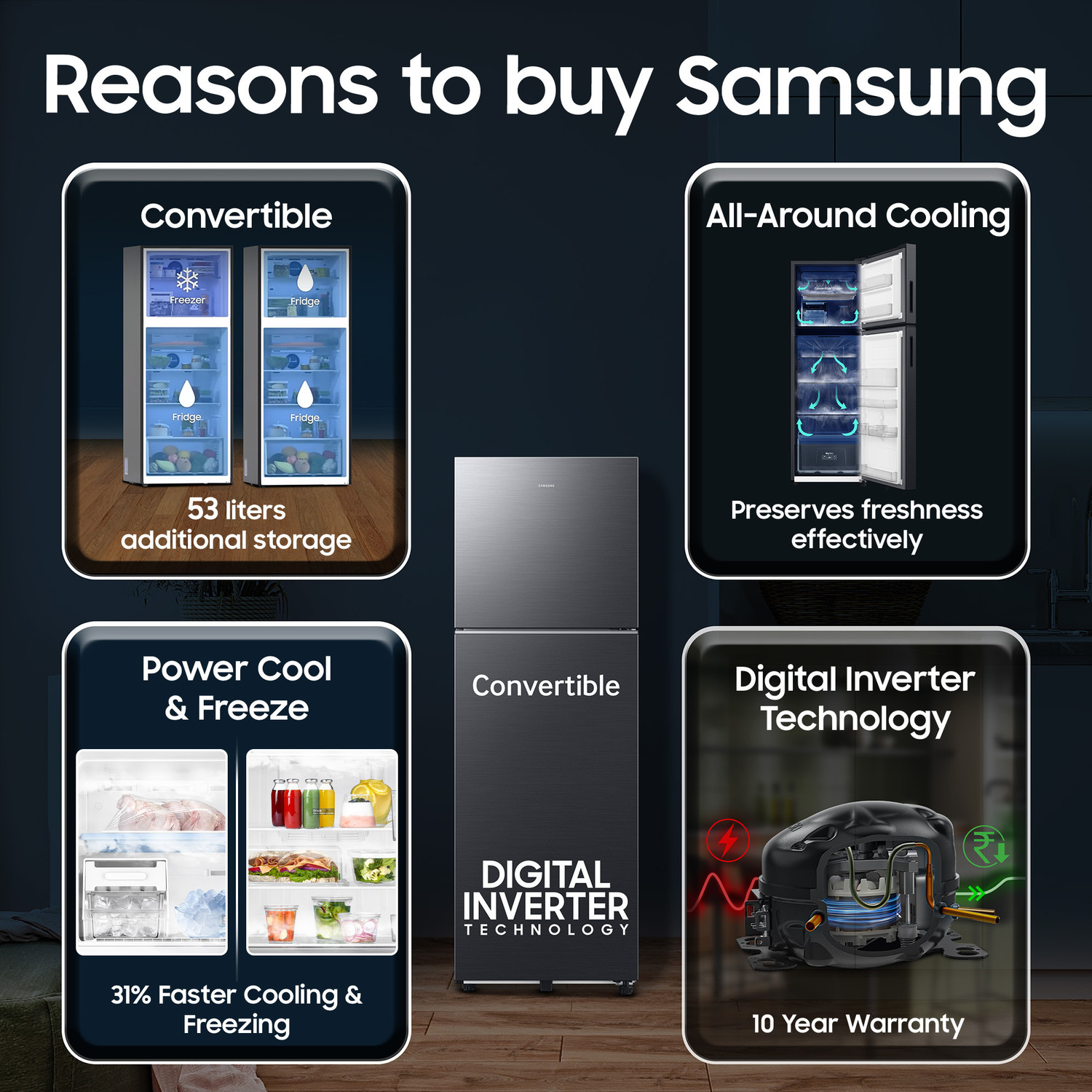 Image of Samsung 256 L Frost Free Double Door 3 Star Refrigerator with Convertible, Digital Inverter, 2026 Model