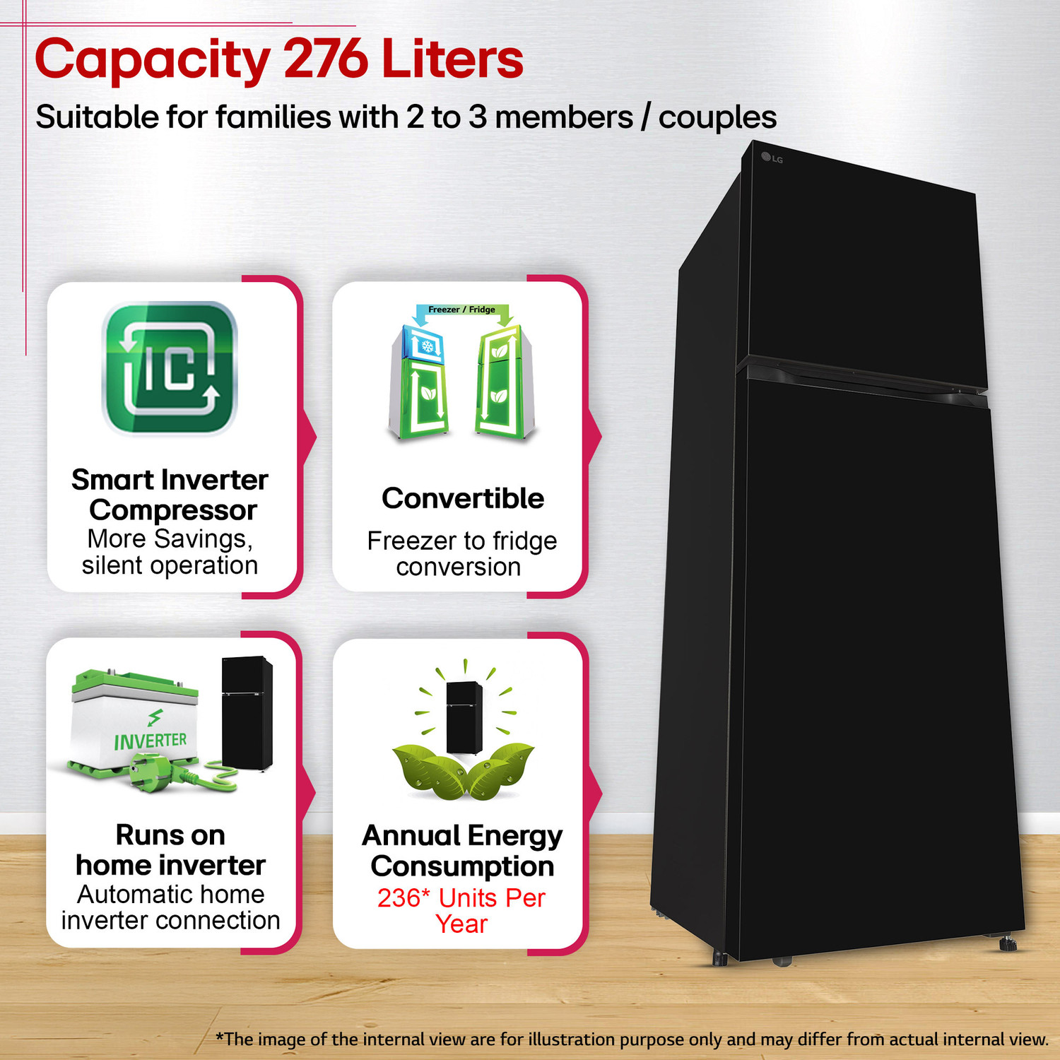 Image of LG 276 L Frost Free Double Door 2 Star Convertible Refrigerator with Convertible, Smart Mode, Multi Air Flow, Deodorizer, Works Without Stabilizer, Inverter Compressor, Auto connect & 2026 Model