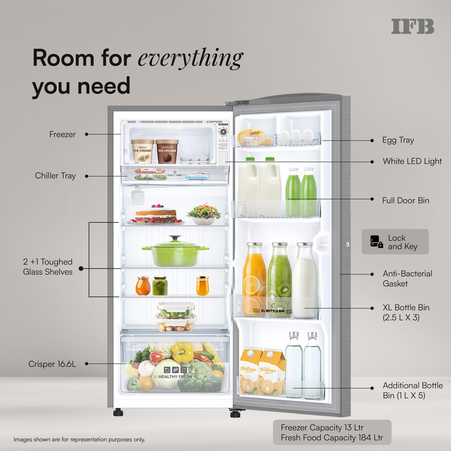 Image of IFB 197 L Direct Cool Single Door 5 Star Refrigerator with 30 Hrs Cooling Retention, Big Vegetable Box with Humidity Controller (25 Days Fresh), XL Bottle Bin, Advanced Inverter Compressor & 4 Year Super Warranty