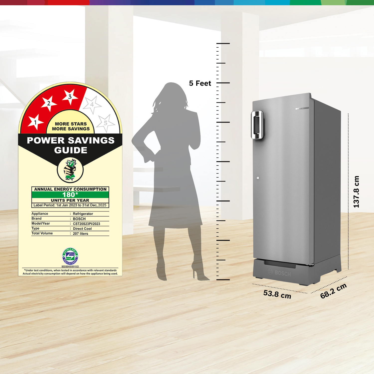 Image of BOSCH 207 L Direct Cool Single Door 3 Star Refrigerator with Base Drawer with Industrys largest vegetable box*18 Hour Cooling Retention during powercut, 2.5x Faster Cooling, Smart inverter compressor