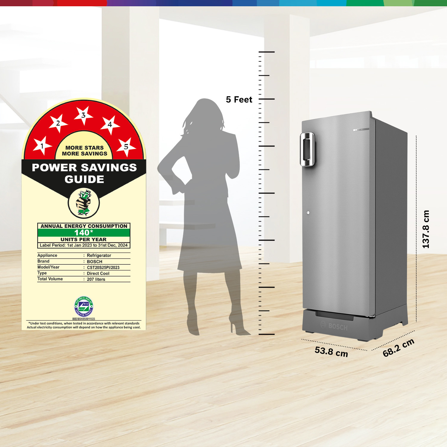 Image of BOSCH 207 L Direct Cool Single Door 5 Star Refrigerator with Base Drawer with Industry's largest vegetable box & Beverage space