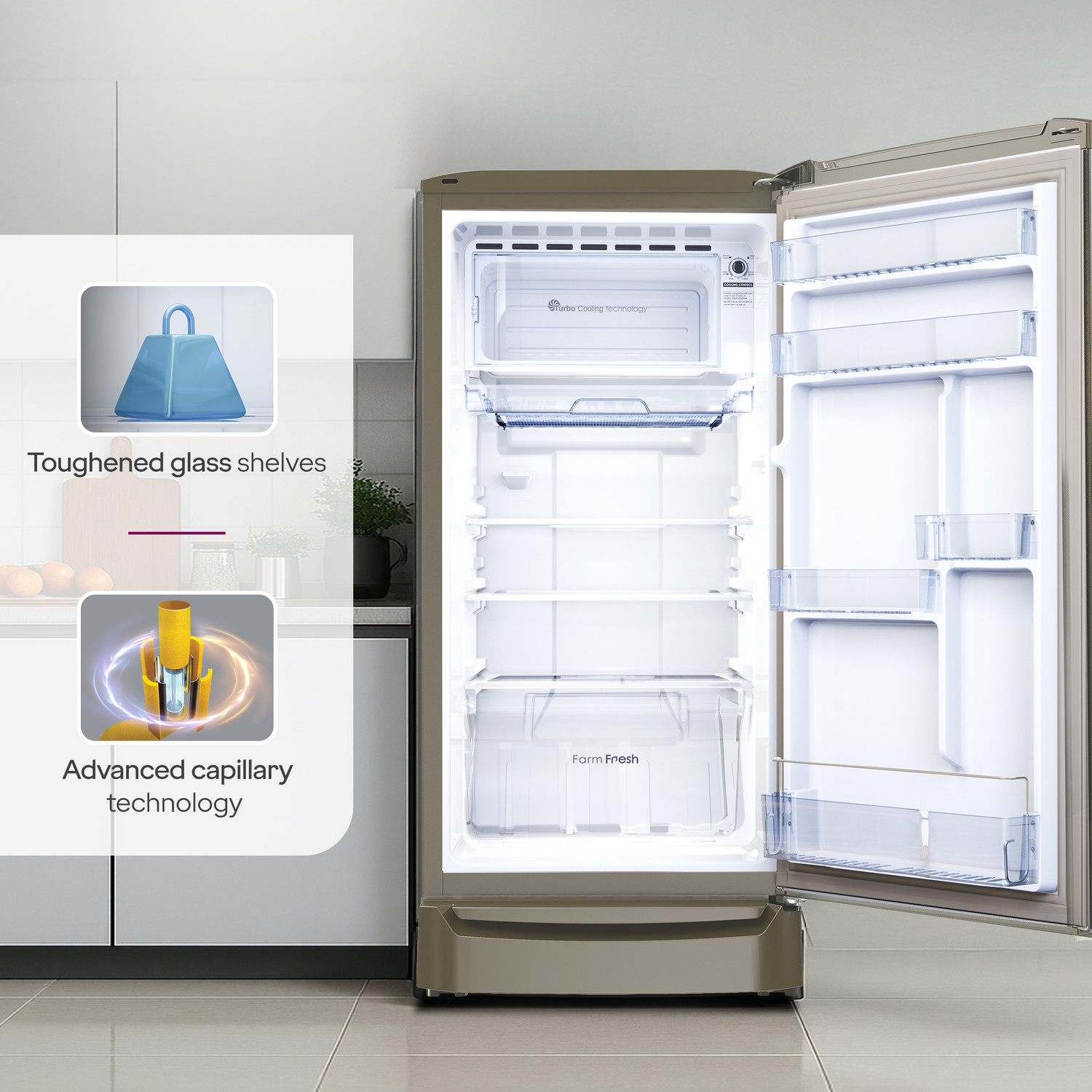 Image of Godrej 183 L Direct Cool Single Door 2 Star Refrigerator with Base Drawer with 24 Days Farm Freshness 20L Jumbo Vegetable Tray Toughened Glass Shelves 2.5L Bottle Space