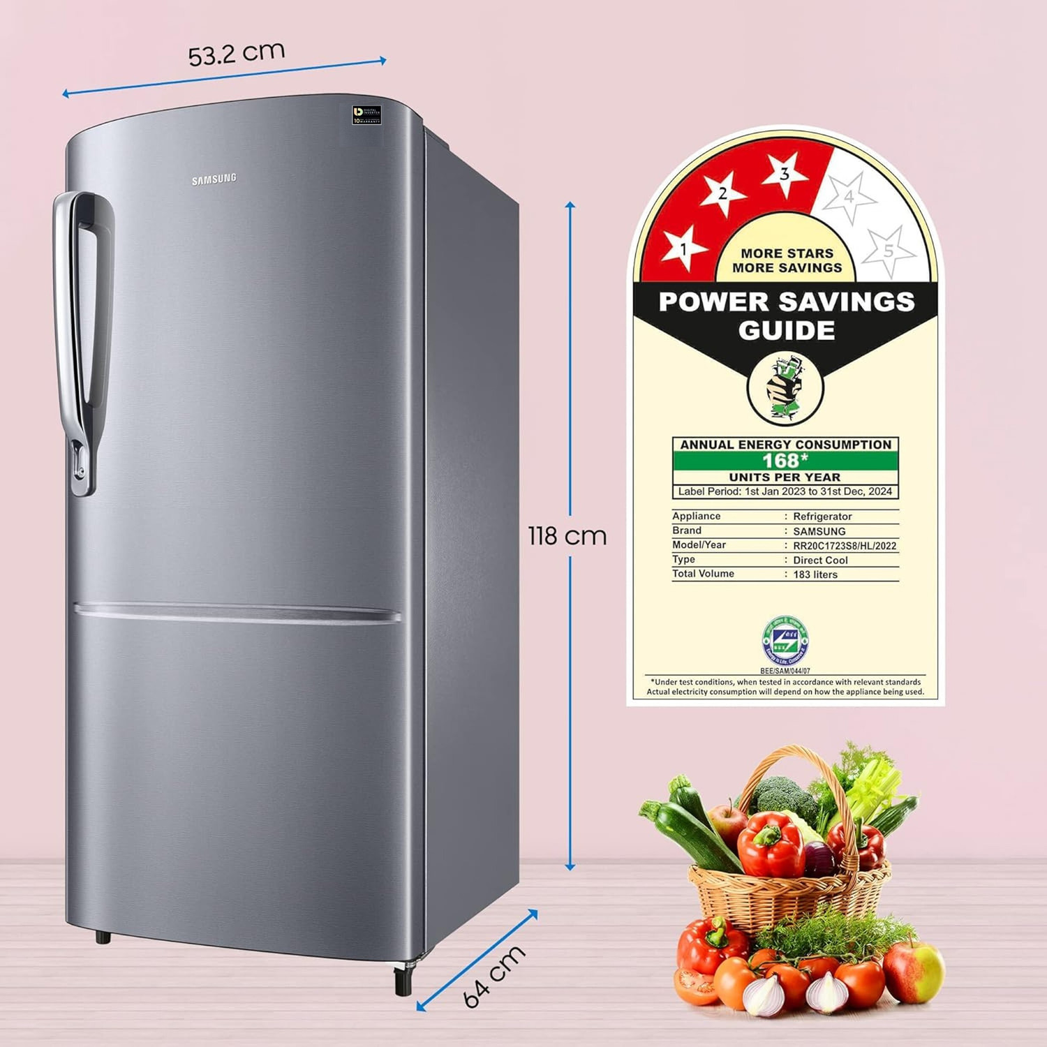 Image of Samsung 183 L Direct Cool Single Door 3 Star Refrigerator with Digital Inverter