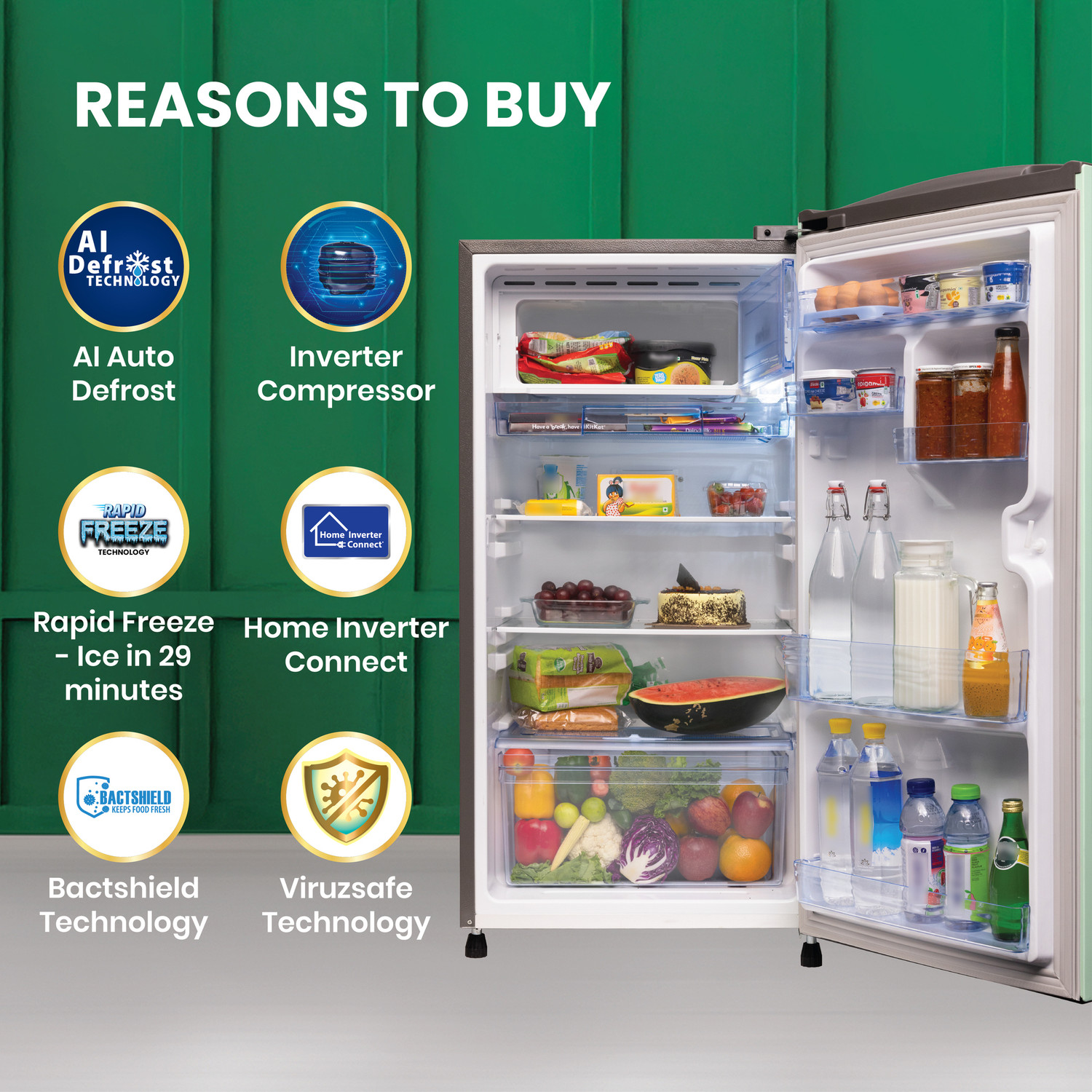Image of Lloyd by Havells 195 L Direct Cool Single Door 5 Star Refrigerator with AI Auto Defrost Rapid Freeze Technology - Ice in 29 minutesInverter Compressor