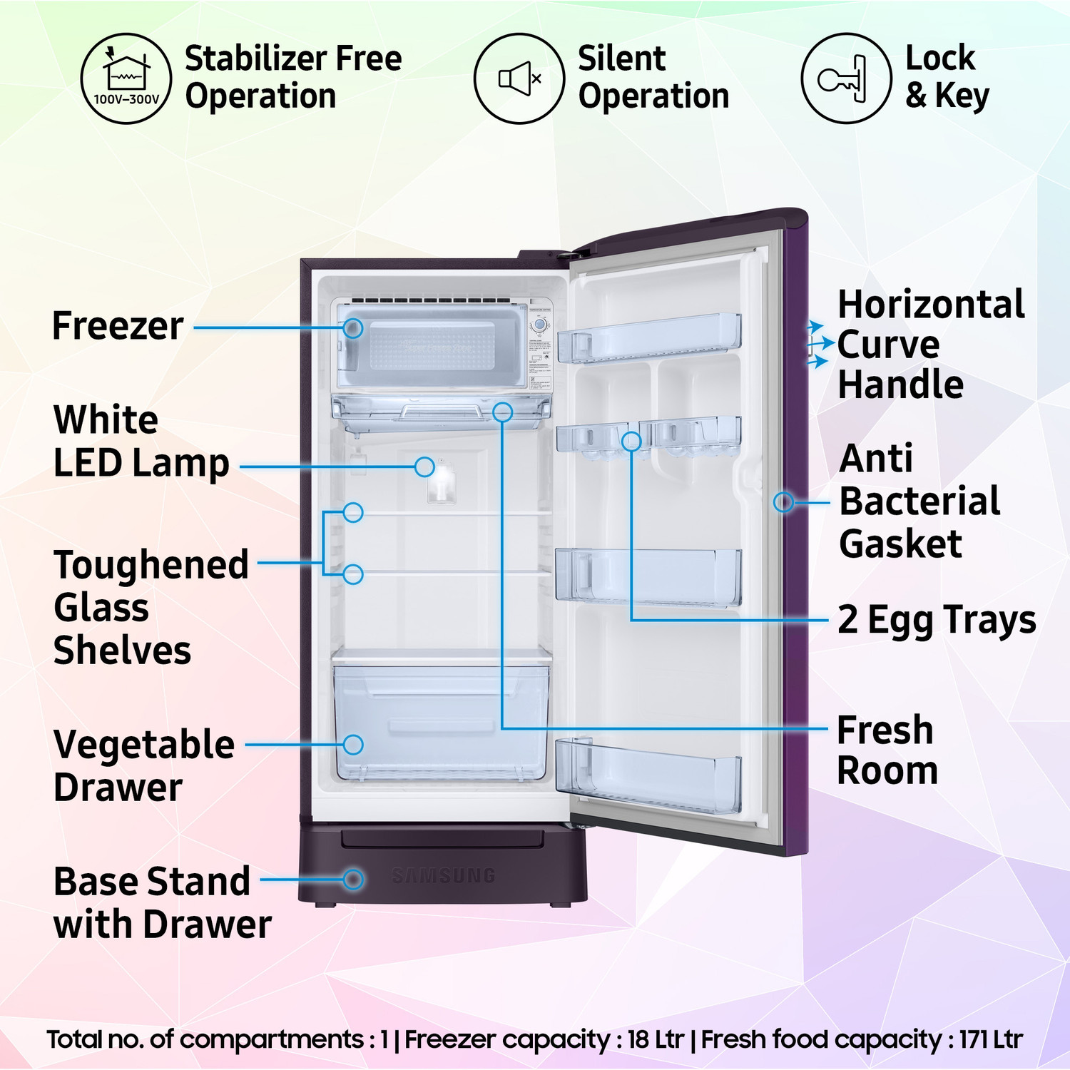Image of Samsung 189 L Direct Cool Single Door 5 Star Refrigerator with Base Drawer with Digital Inverter, Single Touch Defrost, 2026 Model