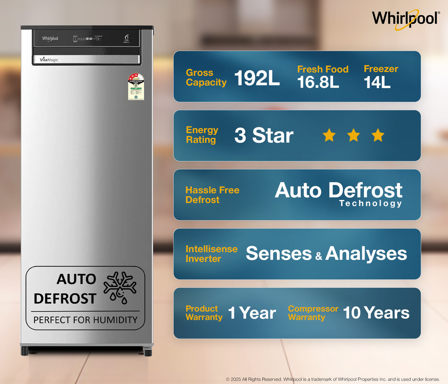 Image of Whirlpool 192 L Direct Cool Single Door 3 Star Refrigerator with 3 star Refrigerator with Auto Defrost Technology