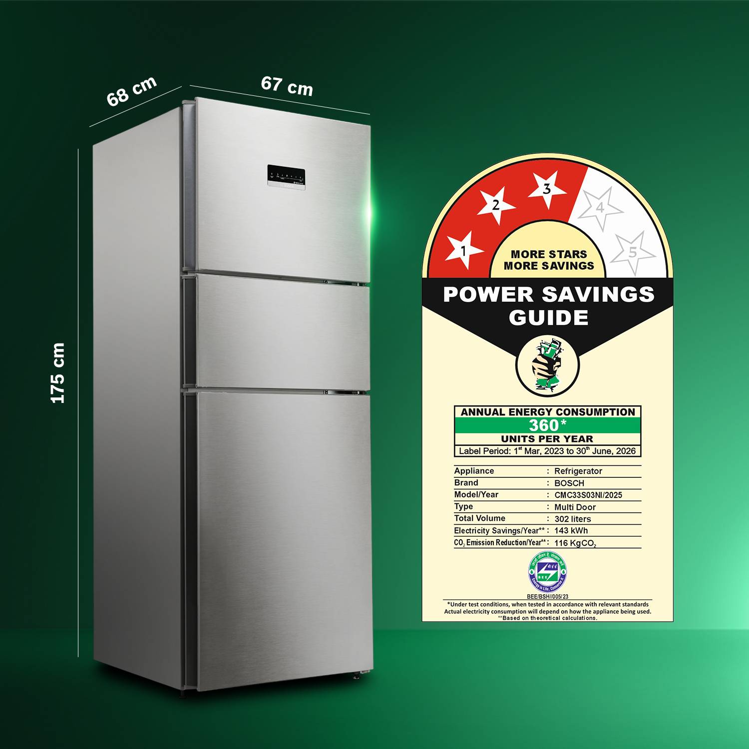 BOSCH 302 L Frost Free Triple Door 3 Star Refrigerator with Larg... more