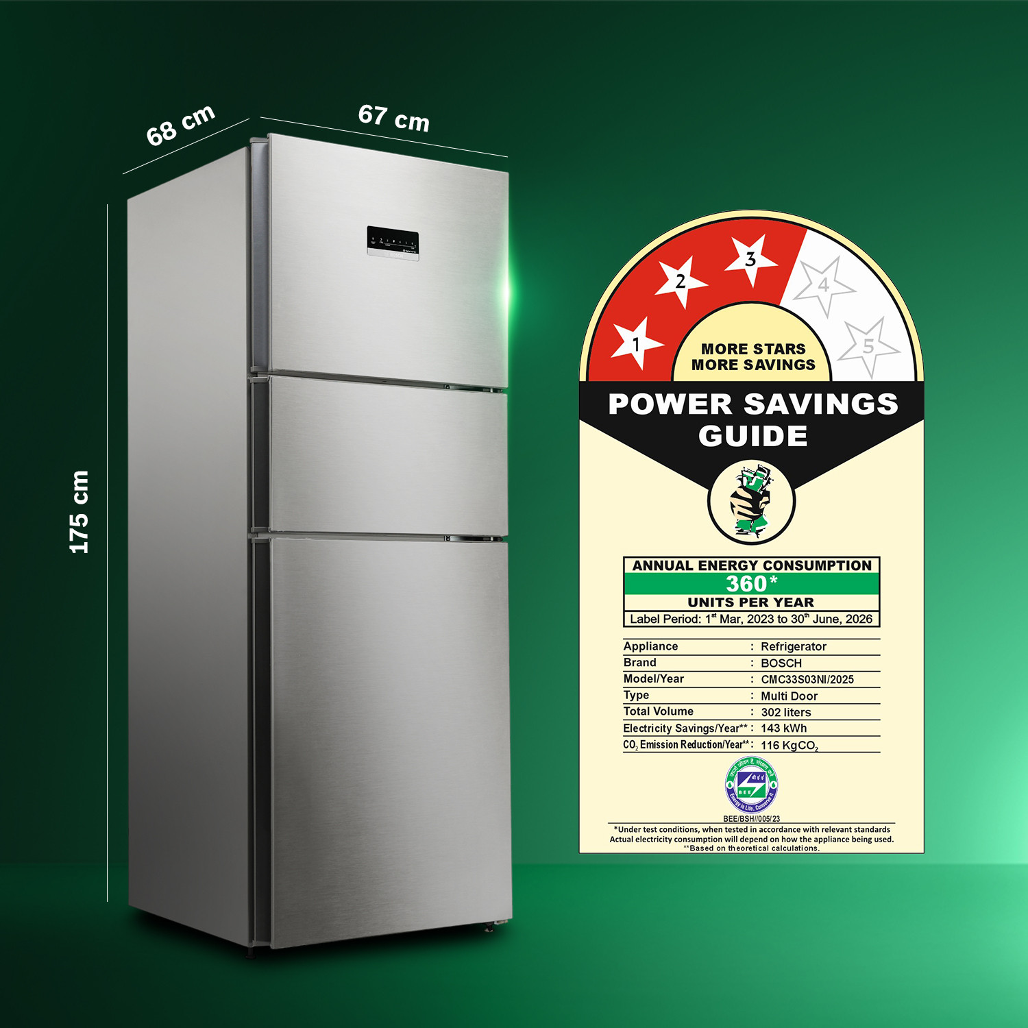 Image of BOSCH 302 L Frost Free Triple Door 3 Star Refrigerator with Large LED Display, 18 Hrs Cooling Retention,Adaptive Intelligence, VitaFresh 10 Day Fresh Technology