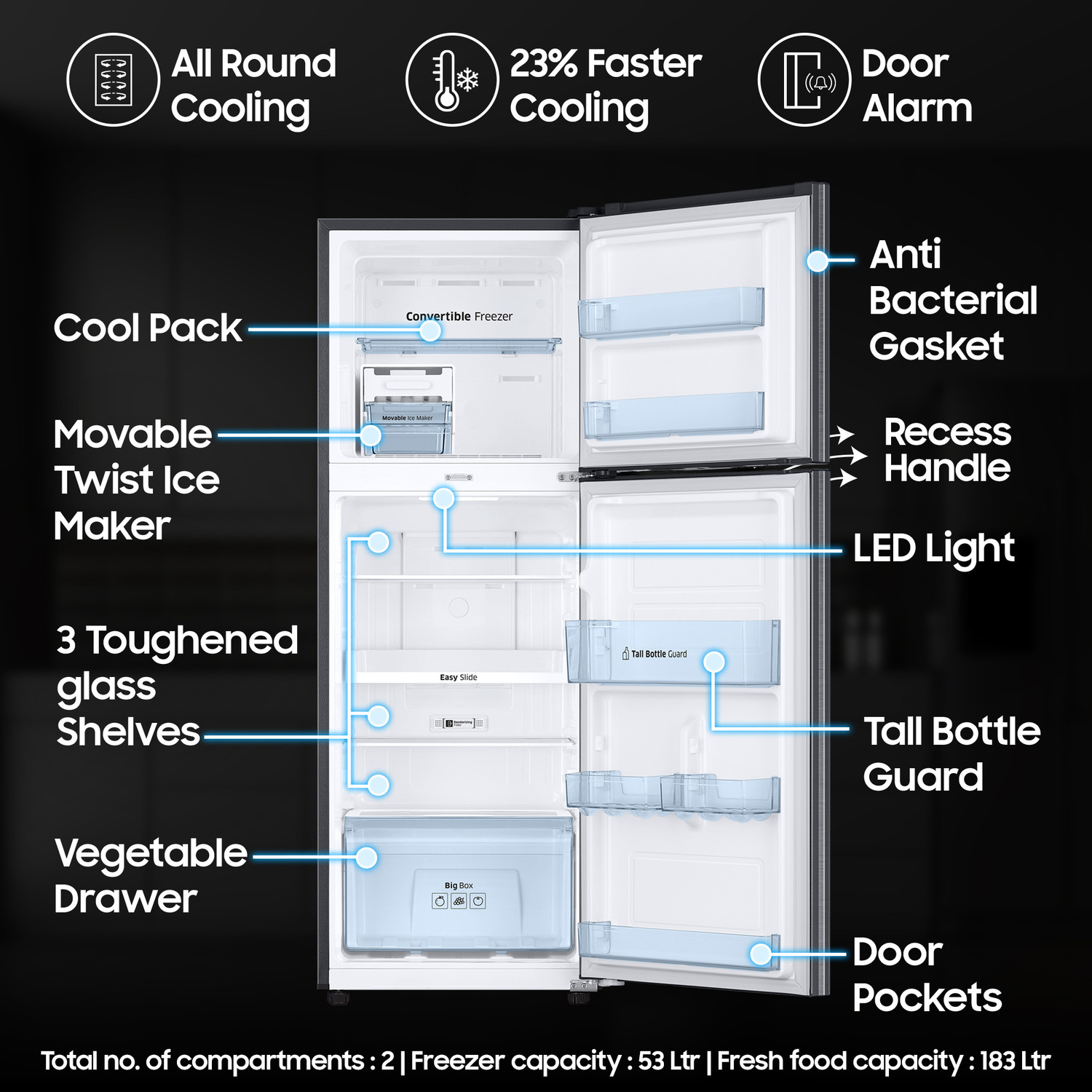 Image of Samsung 236 L Frost Free Double Door 3 Star Convertible Refrigerator with Digital Inverter and Display