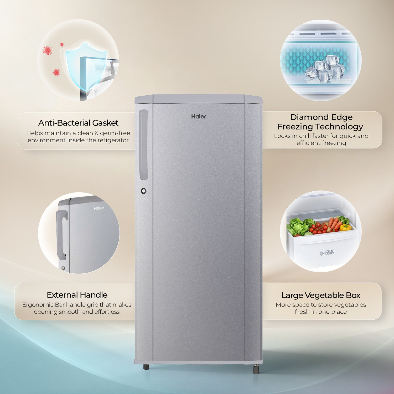 Image of Haier 165 L Direct Cool Single Door 1 Star Refrigerator with Diamond Edge Freezing Technology, Easy Clean Back, Large Vegetable Box ( 2026 Model)