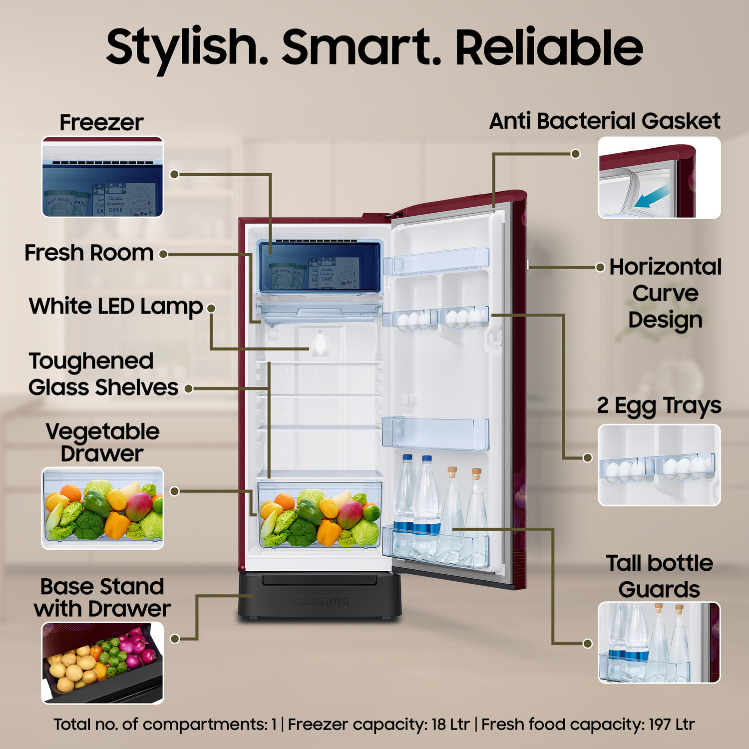 Image of Samsung 215 L Direct Cool Single Door 5 Star Refrigerator with Base Drawer with Digital Inverter, Single Touch Defrost, 2026 Model