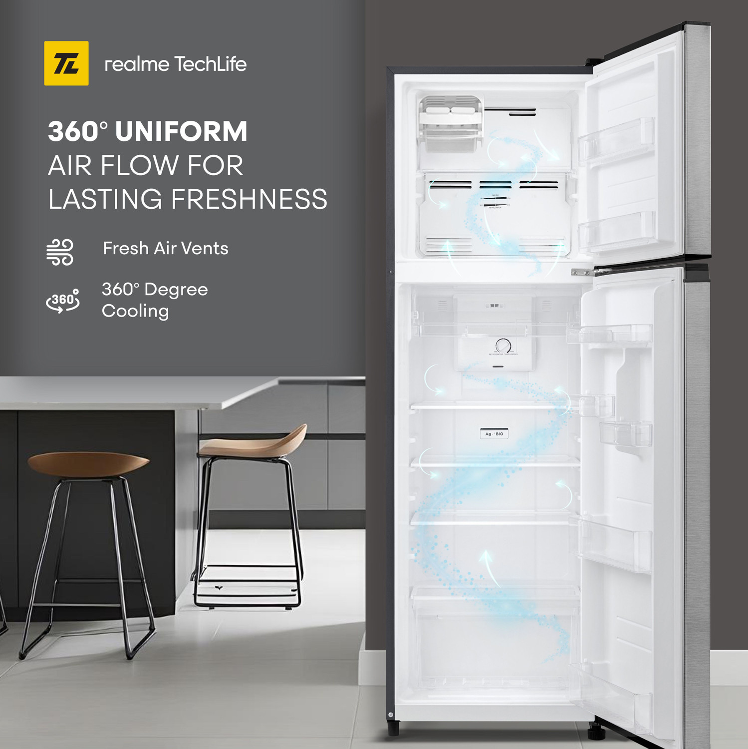Image of realme TechLife 253 L Frost Free Double Door 2 Star Refrigerator with Silver Ion Technology and Ice Twister